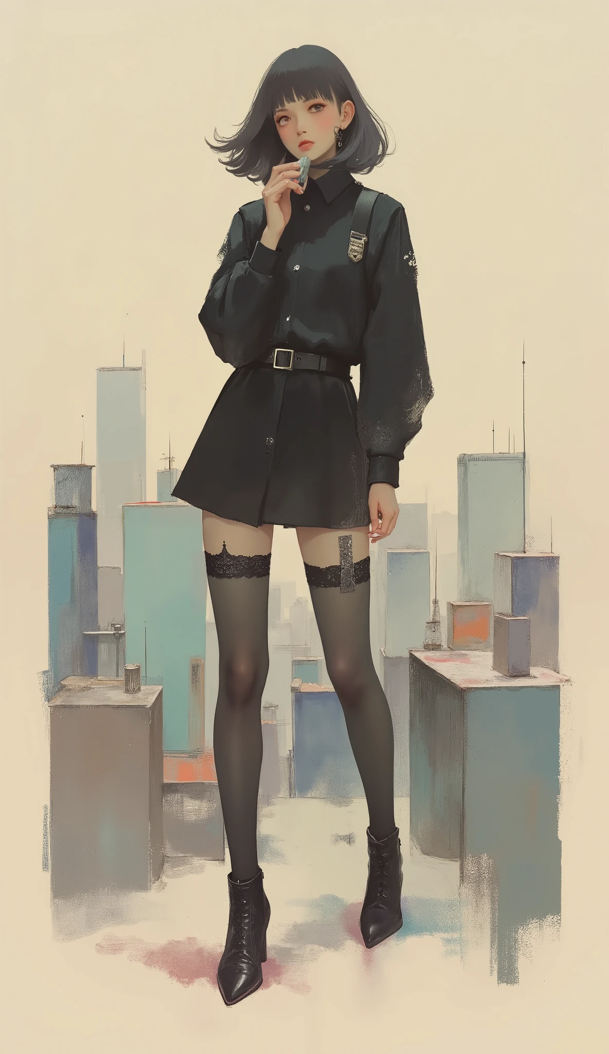 Woman playing a harmonica ,black riders jacket、miniskirt、black patent leather pin heels、Black Lace Carter Belt、Black Lace Braided Tights、Help Chest、Twin Tails、dark hair、poster art ,screen print poster, Graphic Novel Cover Art, graphic details ,Advertisement Art,Poster Illustration, Illustrated poster, By Jens Sondergaard ,Fashion Illustration on Watercolor Blank Background,promotional poster,comic book cover ,falls to the ground Emil Lindenfeld fashion illustration,Center Line,dynamicな構図、dynamic、