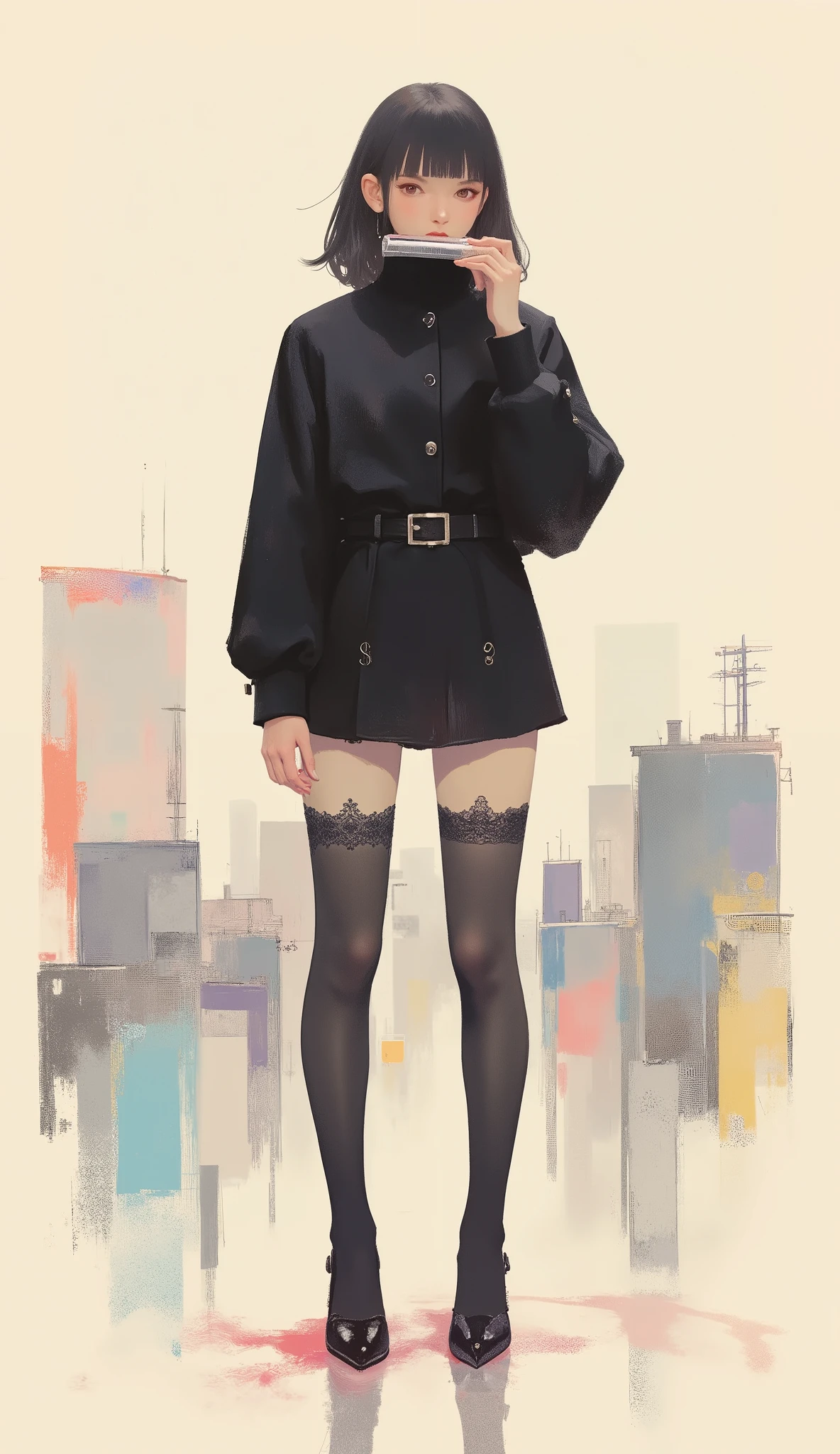 Woman playing a harmonica ,black riders jacket、miniskirt、black patent leather pin heels、Black Lace Carter Belt、Black Lace Braided Tights、Help Chest、Twin Tails、dark hair、poster art ,screen print poster, Graphic Novel Cover Art, graphic details ,Advertisement Art,Poster Illustration, Illustrated poster, By Jens Sondergaard ,Fashion Illustration on Watercolor Blank Background,promotional poster,comic book cover ,falls to the ground Emil Lindenfeld fashion illustration,Center Line,dynamicな構図、dynamic、