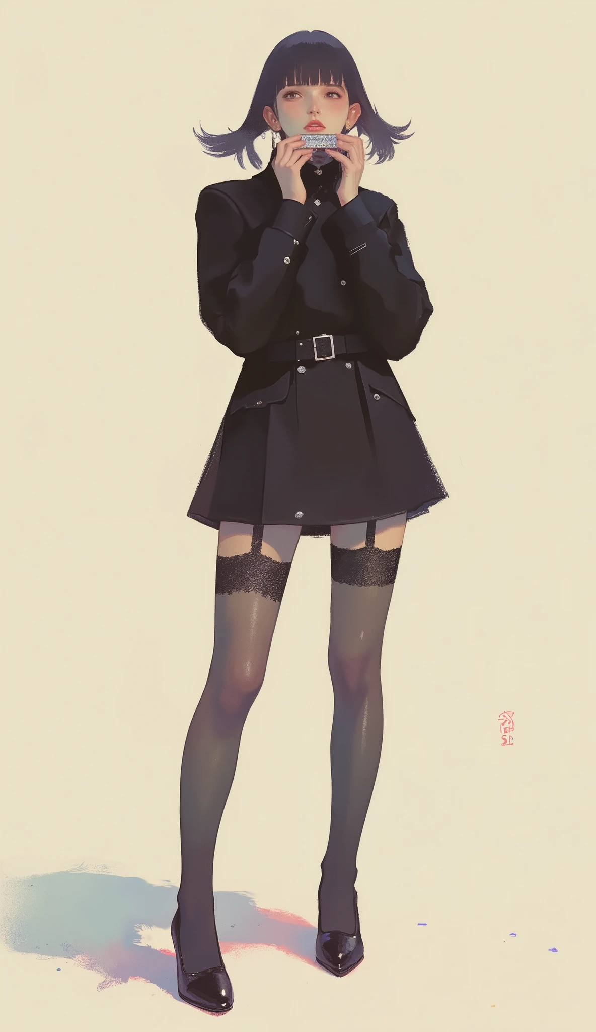 Woman playing a harmonica ,black riders jacket、miniskirt、black patent leather pin heels、Black Lace Carter Belt、Black Lace Braided Tights、Help Chest、Twin Tails、dark hair、poster art ,screen print poster, Graphic Novel Cover Art, graphic details ,Advertisement Art,Poster Illustration, Illustrated poster, By Jens Sondergaard ,Fashion Illustration on Watercolor Blank Background,promotional poster,comic book cover ,falls to the ground Emil Lindenfeld fashion illustration,Center Line,dynamicな構図、dynamic、