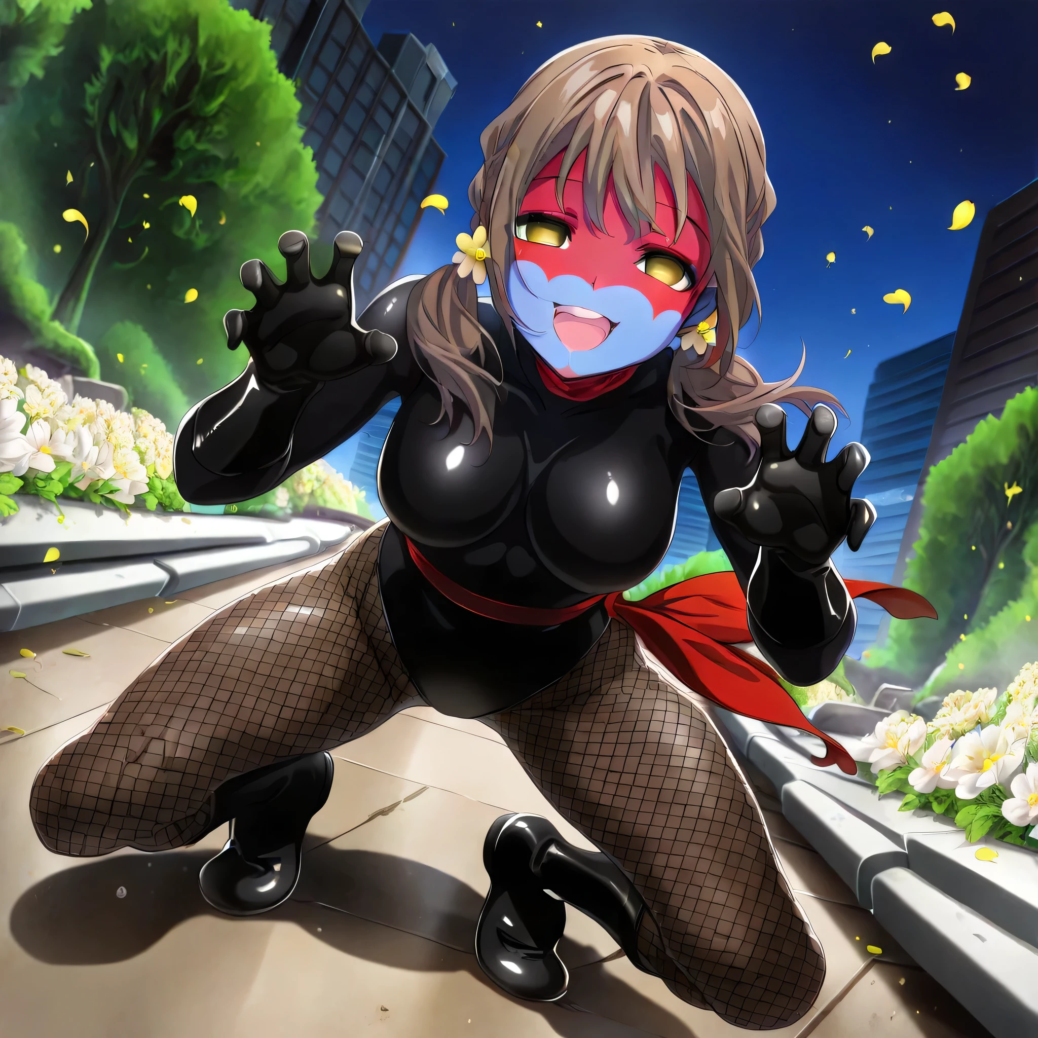(((Masterpiece))), (((Best Quality))), ((Super Detail)), ultra-High resolution, score_9,score_8_up,score_7_up,score_6_up,score_5_up,score_4_up, BREAK, source_anime, anime screencap, uncensored, Masterpiece, (best shadow), (absurdres), (detailed background), (very aesthetic), detailed beautiful eyes, outstanding, an exquisite animation illustration, curvy, highres, shiny clothing, dark persona, empty eyes, blank eyes, shocker, black leotard, latex elbow gloves, brown fishnet pantyhose, red skin, blue skin, colored skin, red sash, makeup, (((solo, 1girl))), hair ornament, pose, submissive pose, anime style, anime coloring, animification, megami magazine, pose, dynamic angle, cinematic angle, dutch angle, dynamic composition, medium , asaka_mari, mari eyes, mari hair, brown hair, low twintails, outdoor, park, night, night scene, nature, wind, windy, flower, flower petals, petals, open mouth, evil smile, looking from front, view from front, from front, apocalyptic, apocalyptic city, debris, rubble, dark cloud, outdoors, blood splatter, , full body, , claw pose, standing, spreading legs, bowlegged pose, fighting, fighting stance, dynamic pose, action pose, leaning forward,