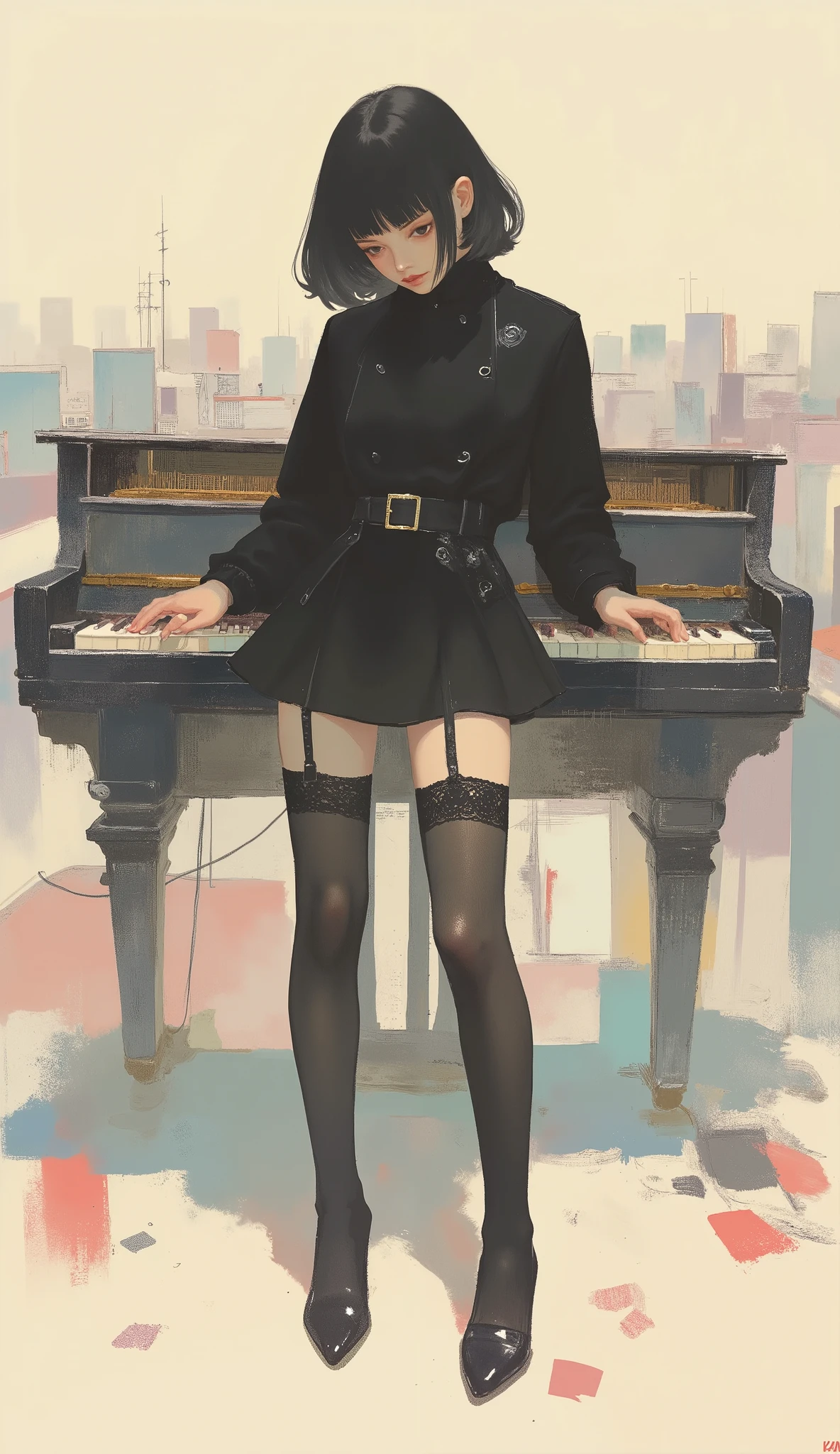 woman playing pianica ,black riders jacket、miniskirt、black patent leather pin heels、Black Lace Carter Belt、Black Lace Braided Tights、Help Chest、Twin Tails、dark hair、poster art ,screen print poster, Graphic Novel Cover Art, graphic details ,Advertisement Art,Poster Illustration, Illustrated poster, By Jens Sondergaard ,Fashion Illustration on Watercolor Blank Background,promotional poster,comic book cover ,falls to the ground Emil Lindenfeld fashion illustration,Center Line,dynamicな構図、dynamic、