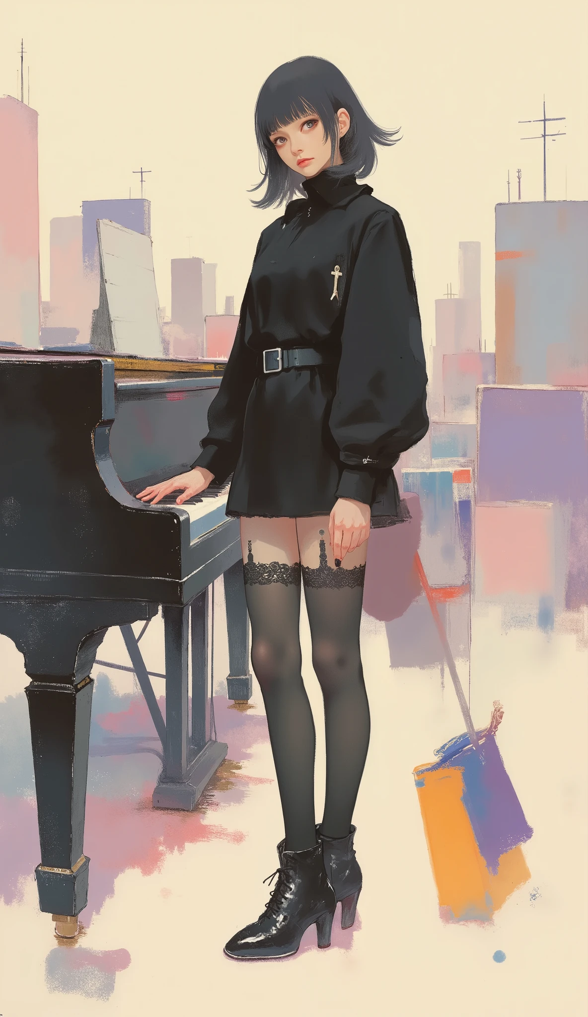 woman playing pianica ,black riders jacket、miniskirt、black patent leather pin heels、Black Lace Carter Belt、Black Lace Braided Tights、Help Chest、Twin Tails、dark hair、poster art ,screen print poster, Graphic Novel Cover Art, graphic details ,Advertisement Art,Poster Illustration, Illustrated poster, By Jens Sondergaard ,Fashion Illustration on Watercolor Blank Background,promotional poster,comic book cover ,falls to the ground Emil Lindenfeld fashion illustration,Center Line,dynamicな構図、dynamic、