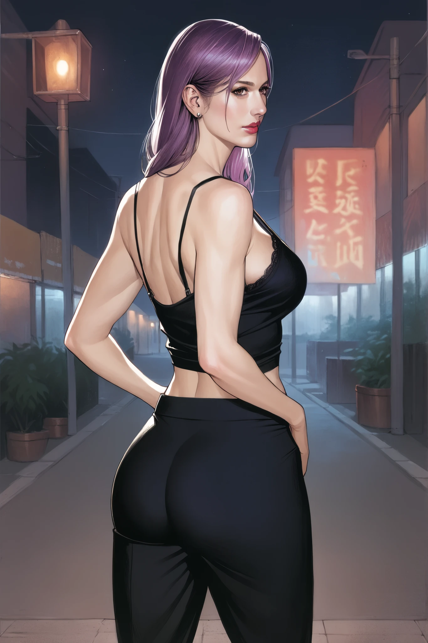 masterpiece, best quality, amazing quality, high resolution, highly detailed, ultra fine detailed, source_manga, source_hentai, source_anime, flat color, no shading, 

1girl, purple hair, solo, alone, thighs, , beautiful mature woman, curvy, voluptious, slim thick, athletic, Seonhee, outside,  view, back view, looking at viewer, midriff, hands on 