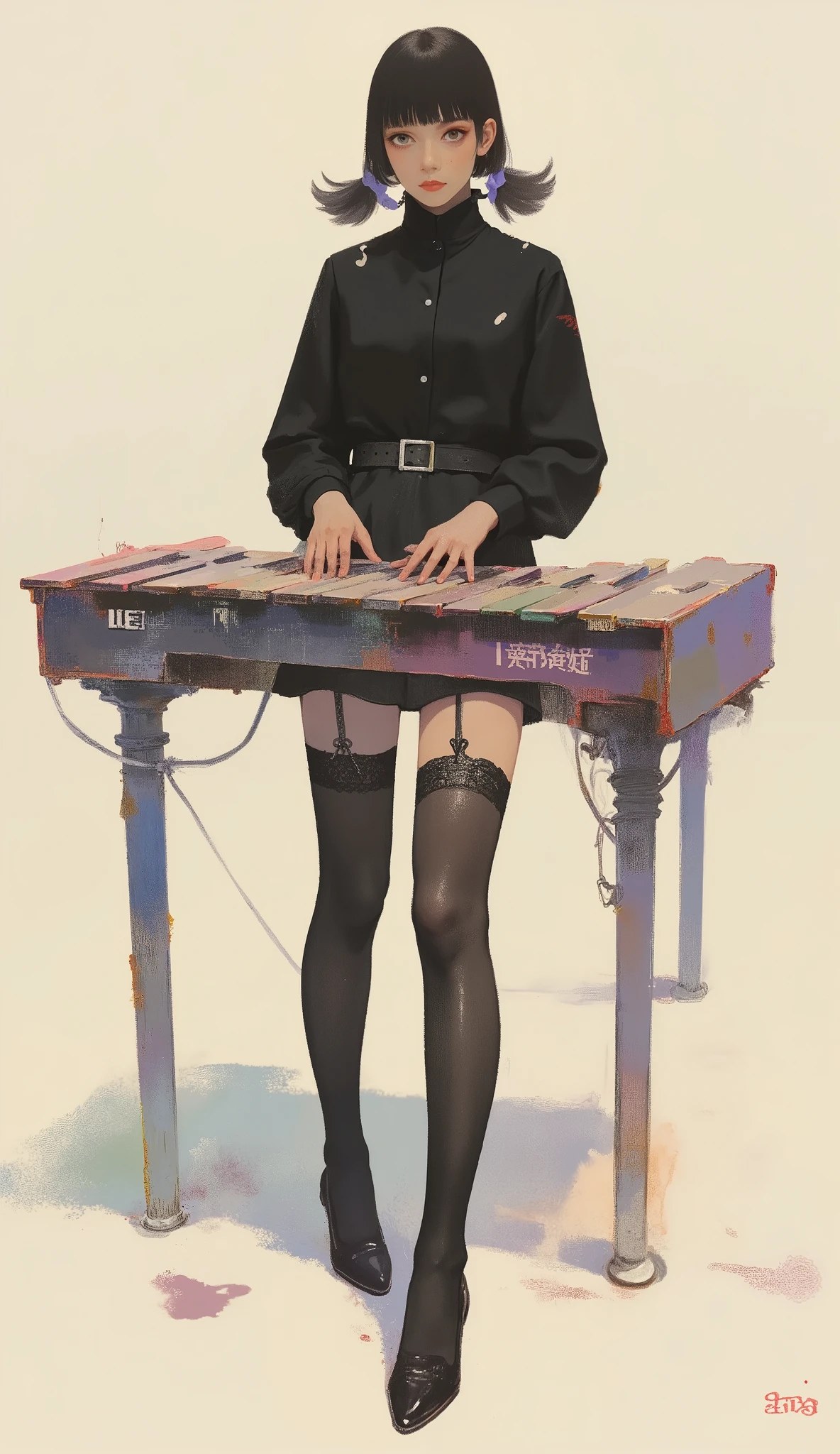 Woman playing xylophone ,black riders jacket、miniskirt、black patent leather pin heels、Black Lace Carter Belt、Black Lace Braided Tights、Help Chest、Twin Tails、dark hair、poster art ,screen print poster, Graphic Novel Cover Art, graphic details ,Advertisement Art,Poster Illustration, Illustrated poster, By Jens Sondergaard ,Fashion Illustration on Watercolor Blank Background,promotional poster,comic book cover ,falls to the ground Emil Lindenfeld fashion illustration,Center Line,dynamicな構図、dynamic、