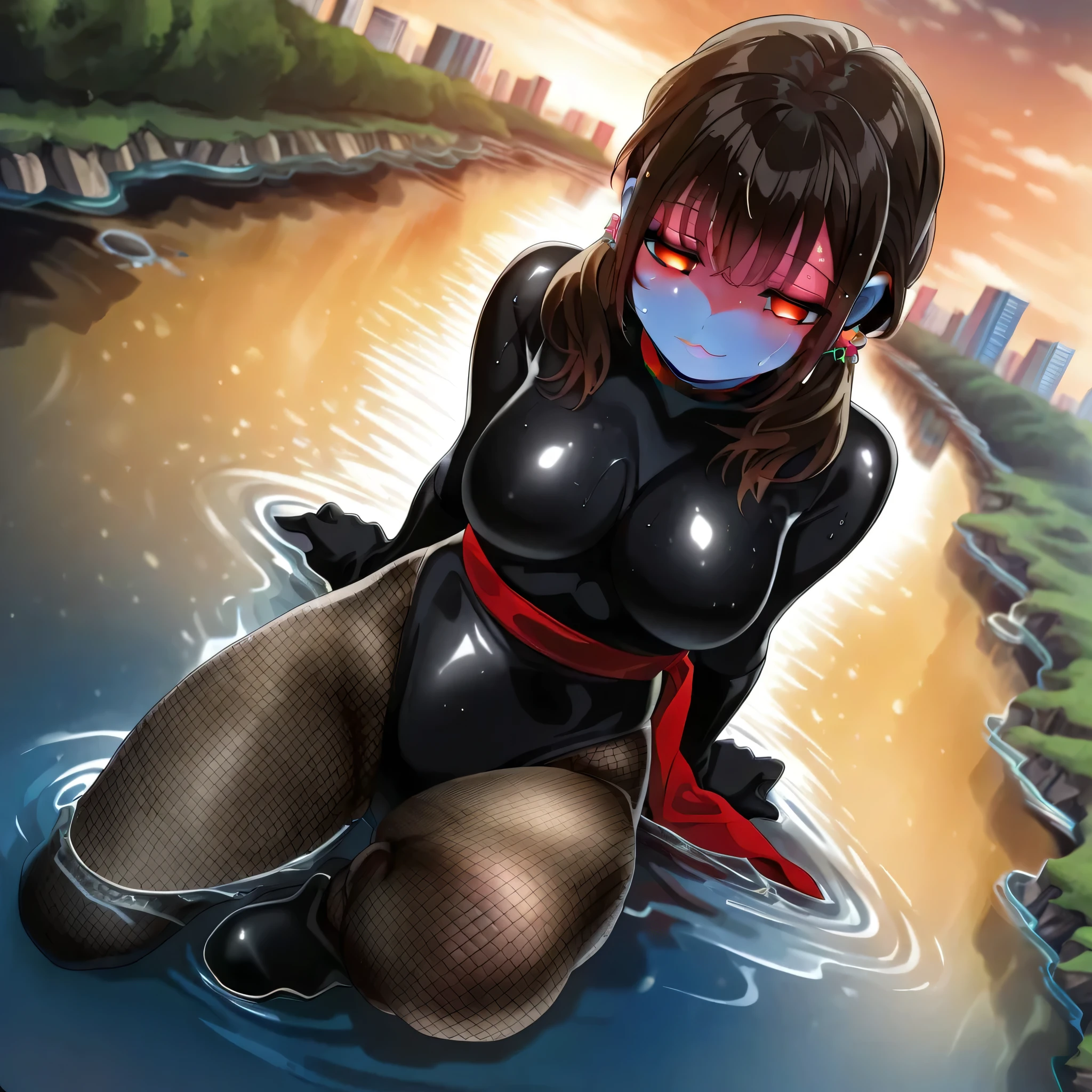 (((Masterpiece))), (((Best Quality))), ((Super Detail)), ultra-High resolution, score_9,score_8_up,score_7_up,score_6_up,score_5_up,score_4_up, BREAK, source_anime, anime screencap, uncensored, Masterpiece, (best shadow), (absurdres), (detailed background), (very aesthetic), detailed beautiful eyes, outstanding, an exquisite animation illustration, curvy, highres, shiny clothing, dark persona, empty eyes, blank eyes, shocker, black leotard, latex elbow gloves, brown fishnet pantyhose, (((blue skin))), colored skin, (((red sash))), makeup, (((solo, 1girl))), hair ornament, pose, submissive pose, anime style, anime coloring, animification, megami magazine, pose, dynamic angle, cinematic angle, dutch angle, dynamic composition, medium , asaka_mari, mari eyes, mari hair, brown hair, low twintails, outdoor, nature, wind, windy, cityscape, river, looking from above, from above, view from above, full body, sitting in water, in water, in river, sitting in river, looking down, looking down, knee up, wet body, wet skin, wet hair, soak, sweat, partially submerged, submerged, dusk, evening, twilight, sunset, full body, yokozuwari, ears, neck