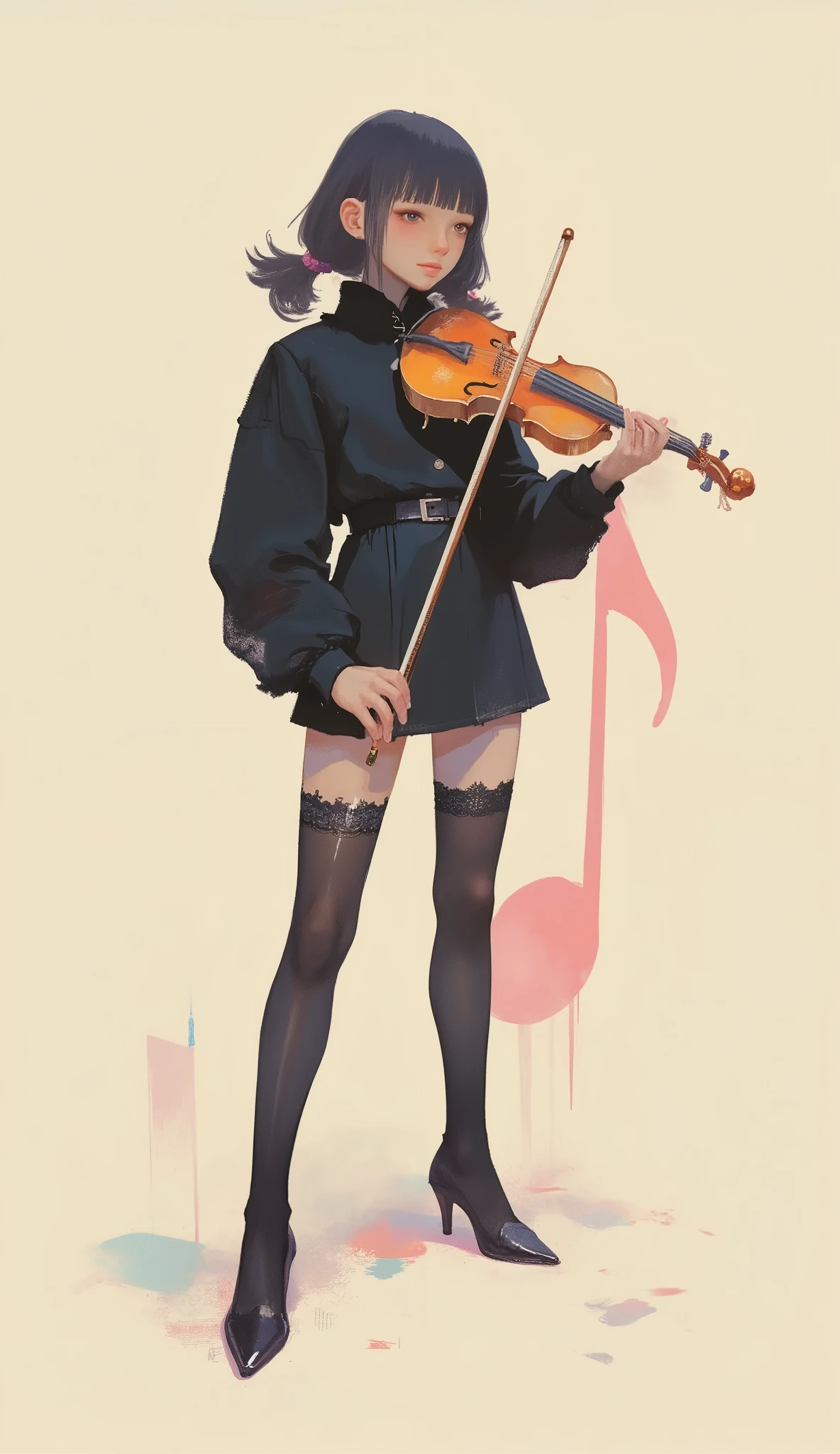 Woman playing an instrument shaped like a musical note ,black riders jacket、miniskirt、black patent leather pin heels、Black Lace Carter Belt、Black Lace Braided Tights、Help Chest、Twin Tails、dark hair、poster art ,screen print poster, Graphic Novel Cover Art, graphic details ,Advertisement Art,Poster Illustration, Illustrated poster, By Jens Sondergaard ,Fashion Illustration on Watercolor Blank Background,promotional poster,comic book cover ,falls to the ground Emil Lindenfeld fashion illustration,Center Line,dynamicな構図、dynamic、