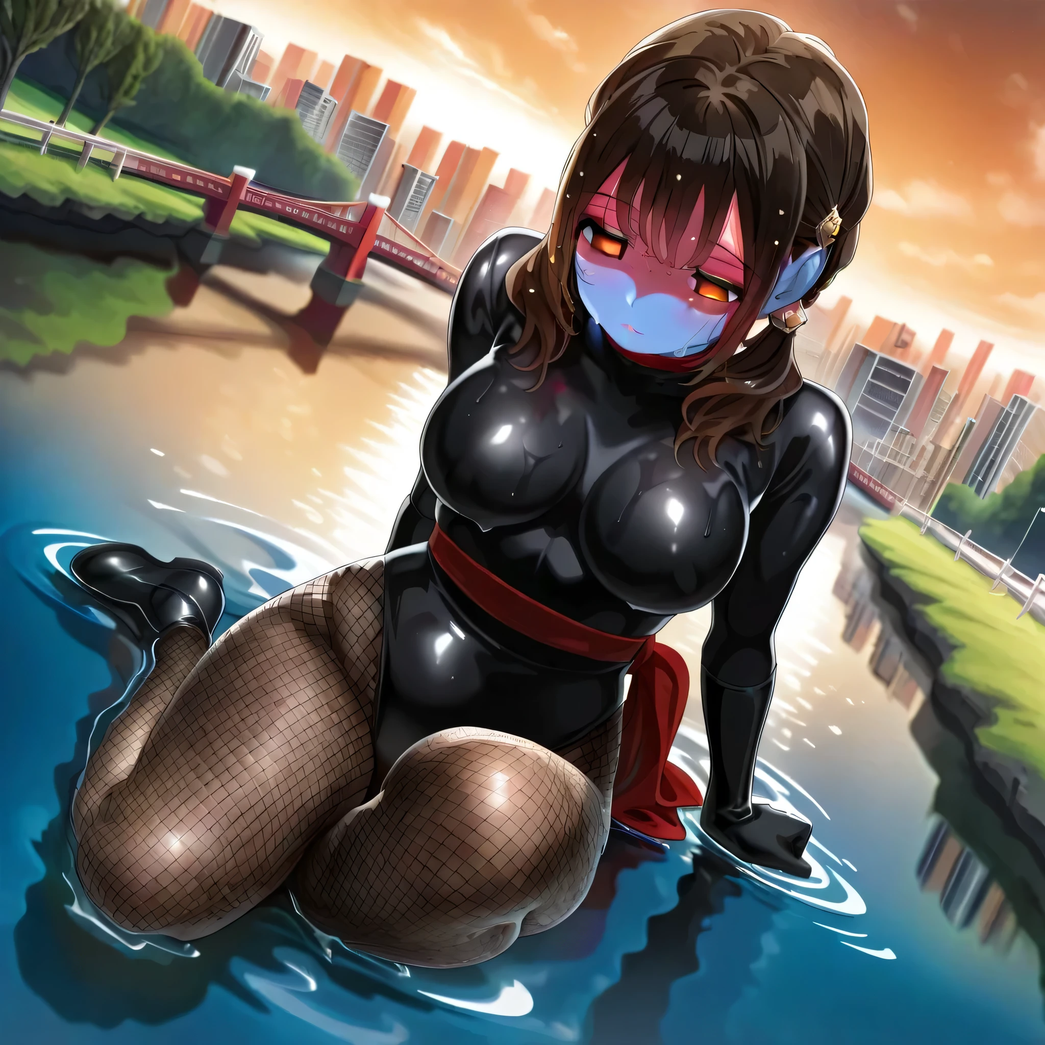 (((Masterpiece))), (((Best Quality))), ((Super Detail)), ultra-High resolution, score_9,score_8_up,score_7_up,score_6_up,score_5_up,score_4_up, BREAK, source_anime, anime screencap, uncensored, Masterpiece, (best shadow), (absurdres), (detailed background), (very aesthetic), detailed beautiful eyes, outstanding, an exquisite animation illustration, curvy, highres, shiny clothing, dark persona, empty eyes, blank eyes, shocker, black leotard, latex elbow gloves, brown fishnet pantyhose, (((blue skin))), colored skin, (((red sash))), makeup, (((solo, 1girl))), hair ornament, seductive pose, submissive pose, anime style, anime coloring, animification, megami magazine, sexy pose, dynamic angle, cinematic angle, dutch angle, dynamic composition, medium breast, asaka_mari, mari eyes, mari hair, brown hair, low twintails, outdoor, nature, wind, windy, cityscape, river, looking from above, from above, view from above, full body, sitting in water, in water, in river, sitting in river, looking down, looking down, knee up, wet body, wet skin, wet hair, soak, sweat, partially submerged, submerged, dusk, evening, twilight, sunset, full body, yokozuwari, ear, neck