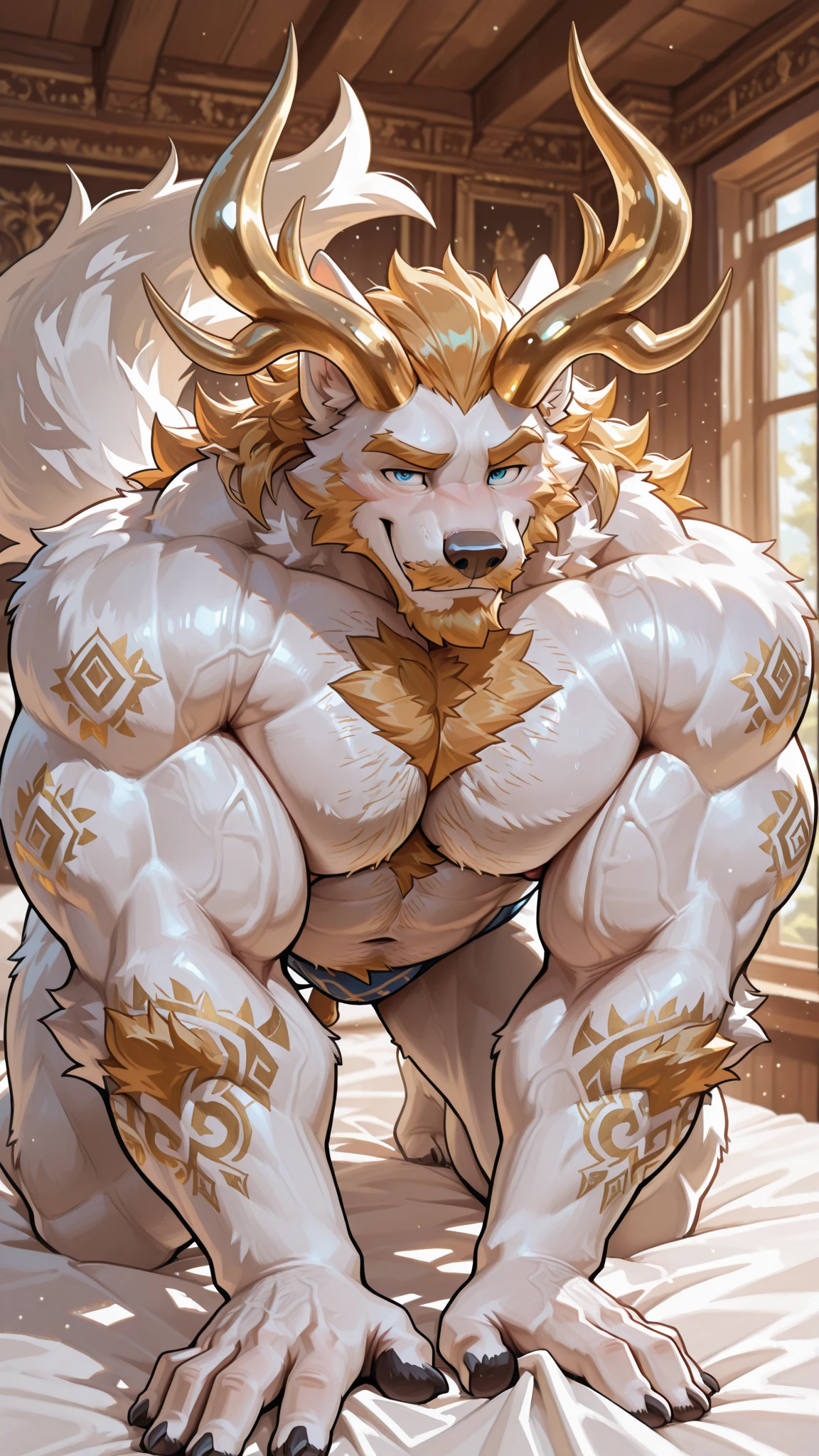 Solo, Anthro, male (((solgaleo, lion, blue sclera, muscular, big pecs, abs, yellow nipples, white fur, black body, black nose, multicolored body, multicolored fur, multicolored mane, white mane, mane, grey pecs, black chest, black abdomen, white arms, white legs, 5 fingers, tail, white tail, yellow tipped tail, markings, orange tipped mane, orange speedo, big bulge))) standing, pokemorph, biped ((focus grey abdomen, focus solgaleo, focus grey chest)) full body, perfect anatomy, by darkgem, by mystikfox61, by glitter trap boy