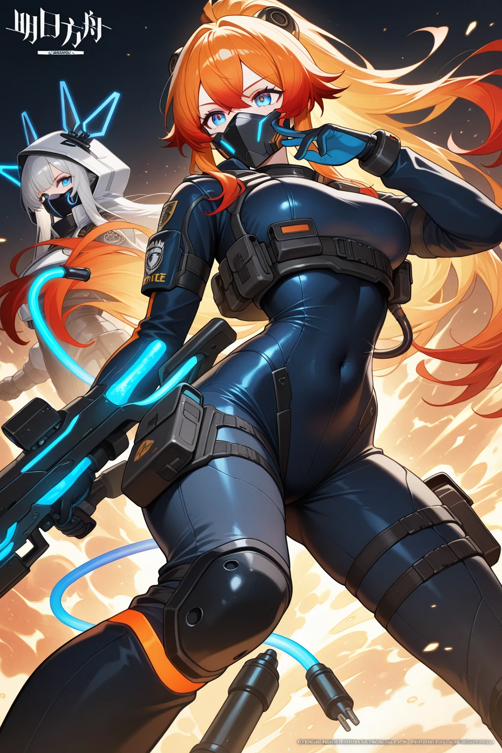 female, furry, metallic, robotic, anthro, blue ,black, kobold, short, small breasts, thin body, hallway, corridor, entry way, standing, legs spread, curved thighs, holding blaster gun, fire, burning, destruction, war, , science fiction, galaxy, stars, high quality, masterpiece,
