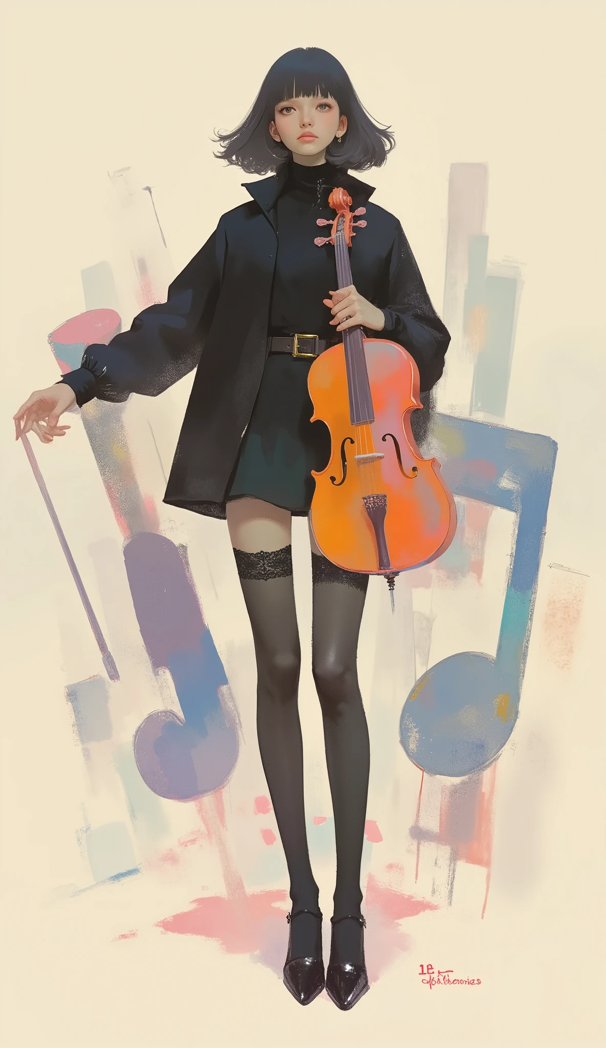 Woman playing an instrument shaped like a musical note ,black riders jacket、miniskirt、black patent leather pin heels、Black Lace Carter Belt、Black Lace Braided Tights、Help Chest、Twin Tails、dark hair、poster art ,screen print poster, Graphic Novel Cover Art, graphic details ,Advertisement Art,Poster Illustration, Illustrated poster, By Jens Sondergaard ,Fashion Illustration on Watercolor Blank Background,promotional poster,comic book cover ,falls to the ground Emil Lindenfeld fashion illustration,Center Line,dynamicな構図、dynamic、