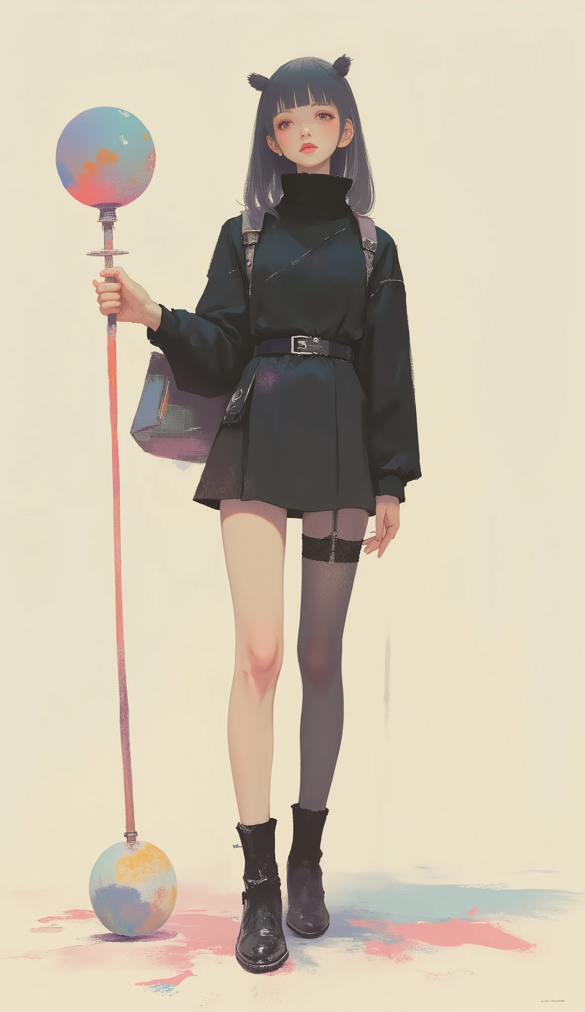 A woman playing with kendama ,black riders jacket、miniskirt、black patent leather pin heels、Black Lace Carter Belt、Black Lace Braided Tights、Help Chest、Twin Tails、dark hair、poster art ,screen print poster, Graphic Novel Cover Art, graphic details ,Advertisement Art,Poster Illustration, Illustrated poster, By Jens Sondergaard ,Fashion Illustration on Watercolor Blank Background,promotional poster,comic book cover ,Fashion Illustration by Emil Lindenfeld Falling to the Ground,Center Line,dynamicな構図、dynamic、