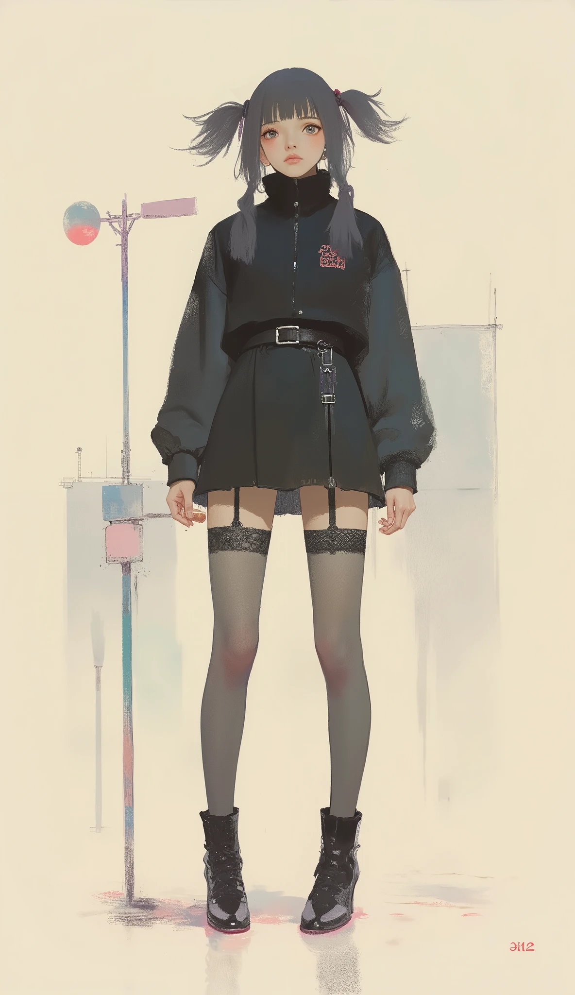 A woman playing with kendama ,black riders jacket、miniskirt、black patent leather pin heels、Black Lace Carter Belt、Black Lace Braided Tights、Help Chest、Twin Tails、dark hair、poster art ,screen print poster, Graphic Novel Cover Art, graphic details ,Advertisement Art,Poster Illustration, Illustrated poster, By Jens Sondergaard ,Fashion Illustration on Watercolor Blank Background,promotional poster,comic book cover ,Fashion Illustration by Emil Lindenfeld Falling to the Ground,Center Line,dynamicな構図、dynamic、
