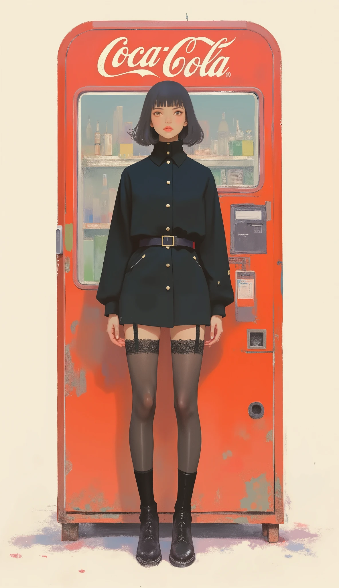 Woman standing in front of Coca-Cola vending machine ,black riders jacket、miniskirt、black patent leather pin heels、Black Lace Carter Belt、Black Lace Braided Tights、Help Chest、Twin Tails、dark hair、poster art ,screen print poster, Graphic Novel Cover Art, graphic details ,Advertisement Art,Poster Illustration, Illustrated poster, By Jens Sondergaard ,Fashion Illustration on Watercolor Blank Background,promotional poster,comic book cover ,falls to the ground Emil Lindenfeld fashion illustration,Center Line,dynamicな構図、dynamic、