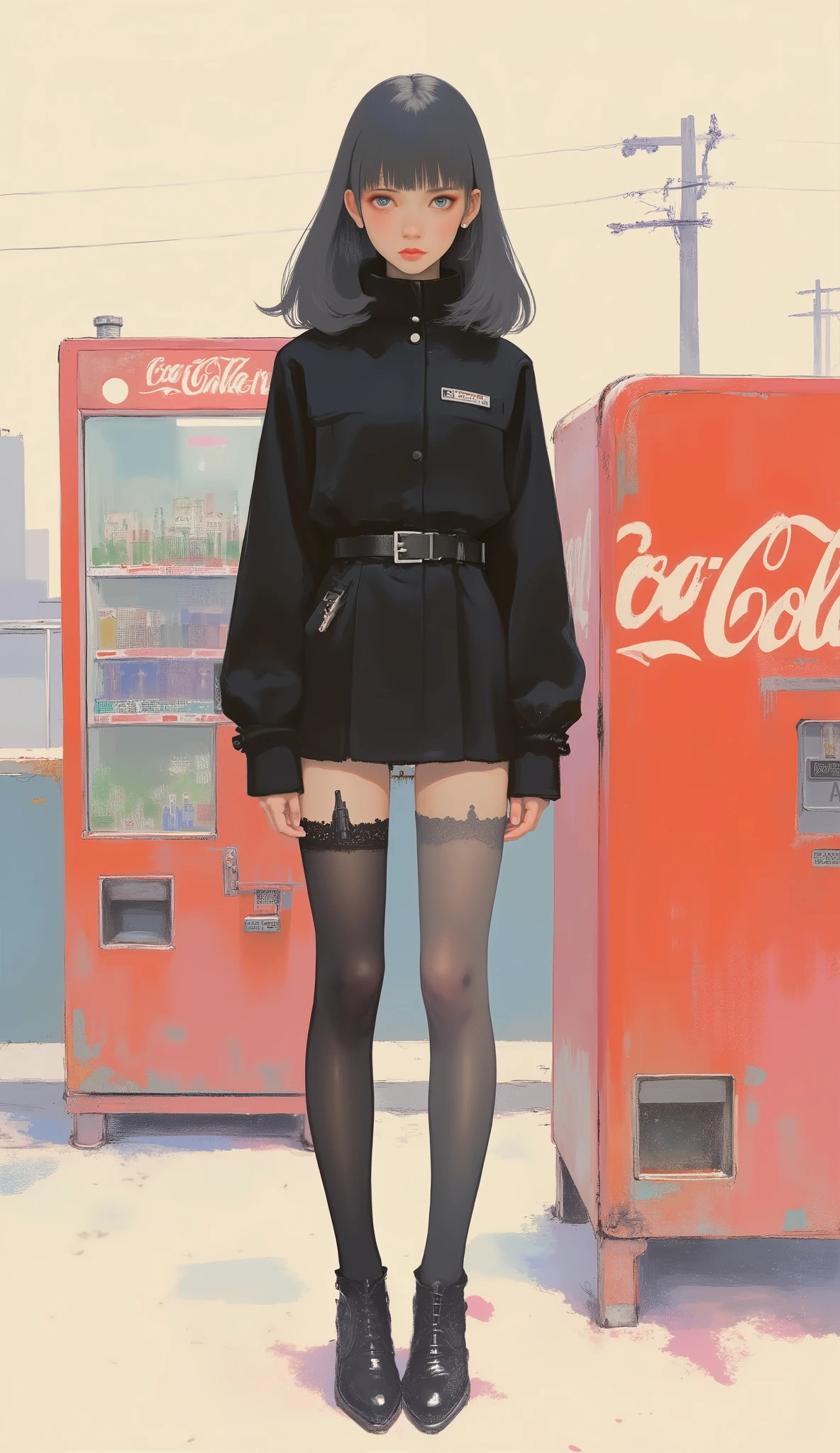 Woman standing in front of Coca-Cola vending machine ,black riders jacket、miniskirt、black patent leather pin heels、Black Lace Carter Belt、Black Lace Braided Tights、Help Chest、Twin Tails、dark hair、poster art ,screen print poster, Graphic Novel Cover Art, graphic details ,Advertisement Art,Poster Illustration, Illustrated poster, By Jens Sondergaard ,Fashion Illustration on Watercolor Blank Background,promotional poster,comic book cover ,falls to the ground Emil Lindenfeld fashion illustration,Center Line,dynamicな構図、dynamic、