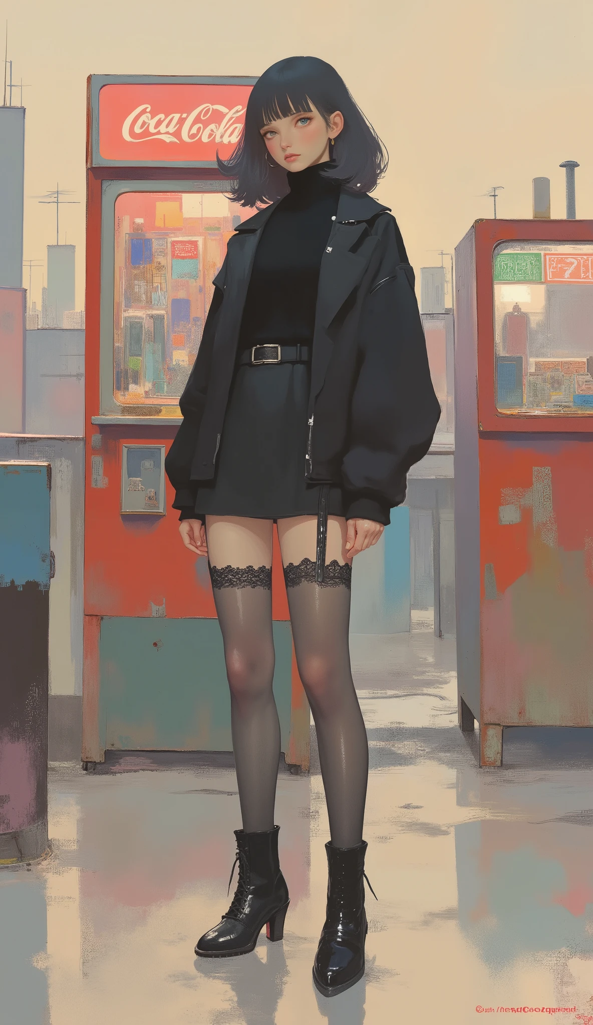 Woman standing in front of Coca-Cola pinball machine ,black riders jacket、miniskirt、black patent leather pin heels、Black Lace Carter Belt、Black Lace Braided Tights、Help Chest、Twin Tails、dark hair、poster art ,screen print poster, Graphic Novel Cover Art, graphic details ,Advertisement Art,Poster Illustration, Illustrated poster, By Jens Sondergaard ,Fashion Illustration on Watercolor Blank Background,promotional poster,comic book cover ,falls to the ground Emil Lindenfeld fashion illustration,Center Line,dynamicな構図、dynamic、