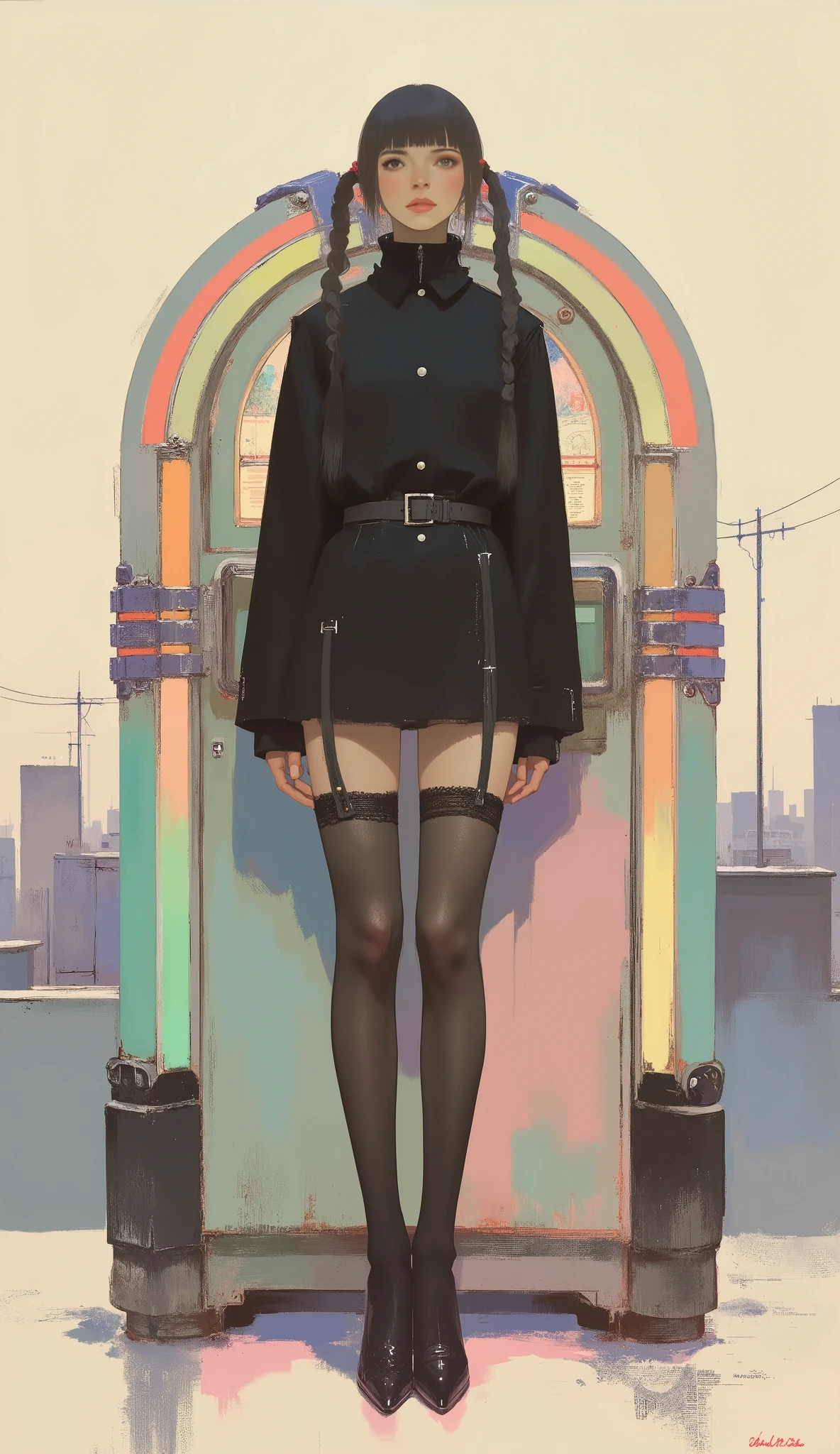 Woman standing in front of a retro jukebox ,black riders jacket、miniskirt、black patent leather pin heels、Black Lace Carter Belt、Black Lace Braided Tights、Help Chest、Twin Tails、dark hair、poster art ,screen print poster, Graphic Novel Cover Art, graphic details ,Advertisement Art,Poster Illustration, Illustrated poster, By Jens Sondergaard ,Fashion Illustration on Watercolor Blank Background,promotional poster,comic book cover ,falls to the ground Emil Lindenfeld fashion illustration,Center Line,dynamicな構図、dynamic、