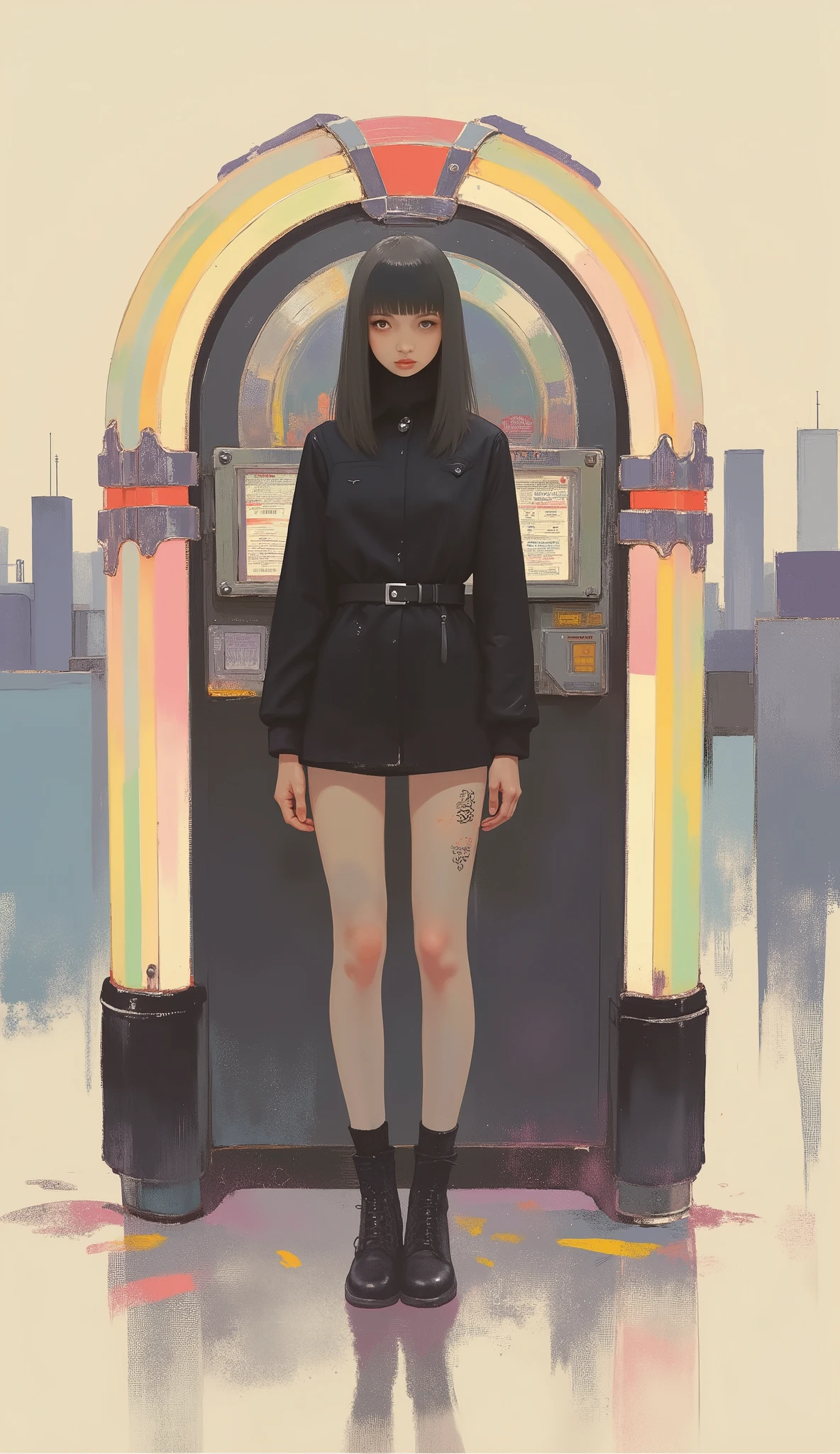 Woman standing in front of a retro jukebox ,black riders jacket、miniskirt、black patent leather pin heels、Black Lace Carter Belt、Black Lace Braided Tights、Help Chest、Twin Tails、dark hair、poster art ,screen print poster, Graphic Novel Cover Art, graphic details ,Advertisement Art,Poster Illustration, Illustrated poster, By Jens Sondergaard ,Fashion Illustration on Watercolor Blank Background,promotional poster,comic book cover ,falls to the ground Emil Lindenfeld fashion illustration,Center Line,dynamicな構図、dynamic、