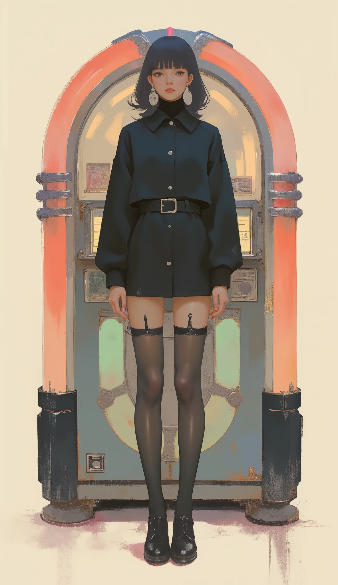 Woman standing in front of a retro jukebox ,black riders jacket、miniskirt、black patent leather pin heels、Black Lace Carter Belt、Black Lace Braided Tights、Help Chest、Twin Tails、dark hair、poster art ,screen print poster, Graphic Novel Cover Art, graphic details ,Advertisement Art,Poster Illustration, Illustrated poster, By Jens Sondergaard ,Fashion Illustration on Watercolor Blank Background,promotional poster,comic book cover ,falls to the ground Emil Lindenfeld fashion illustration,Center Line,dynamicな構図、dynamic、