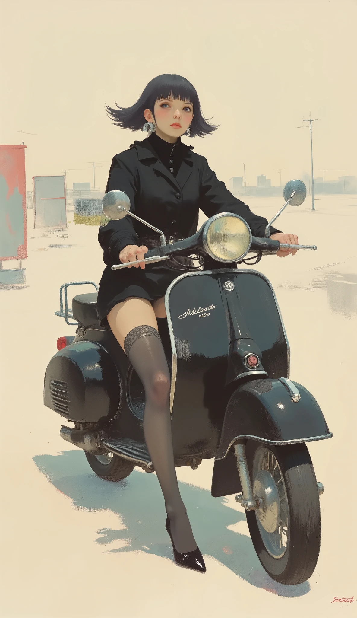 Woman straddling a black vespa ,black riders jacket、miniskirt、black patent leather pin heels、Black Lace Carter Belt、Black Lace Braided Tights、Help Chest、Twin Tails、dark hair、poster art ,screen print poster, Graphic Novel Cover Art, graphic details ,Advertisement Art,Poster Illustration, Illustrated poster, By Jens Sondergaard ,Fashion Illustration on Watercolor Blank Background,promotional poster,comic book cover ,falls to the ground Emil Lindenfeld fashion illustration,Center Line,dynamicな構図、dynamic、