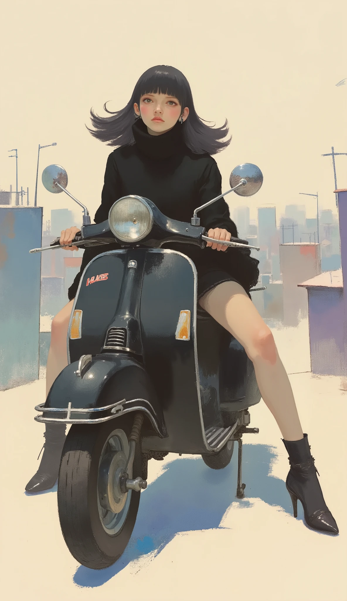 Woman straddling a black vespa ,black riders jacket、miniskirt、black patent leather pin heels、Black Lace Carter Belt、Black Lace Braided Tights、Help Chest、Twin Tails、dark hair、poster art ,screen print poster, Graphic Novel Cover Art, graphic details ,Advertisement Art,Poster Illustration, Illustrated poster, By Jens Sondergaard ,Fashion Illustration on Watercolor Blank Background,promotional poster,comic book cover ,falls to the ground Emil Lindenfeld fashion illustration,Center Line,dynamicな構図、dynamic、