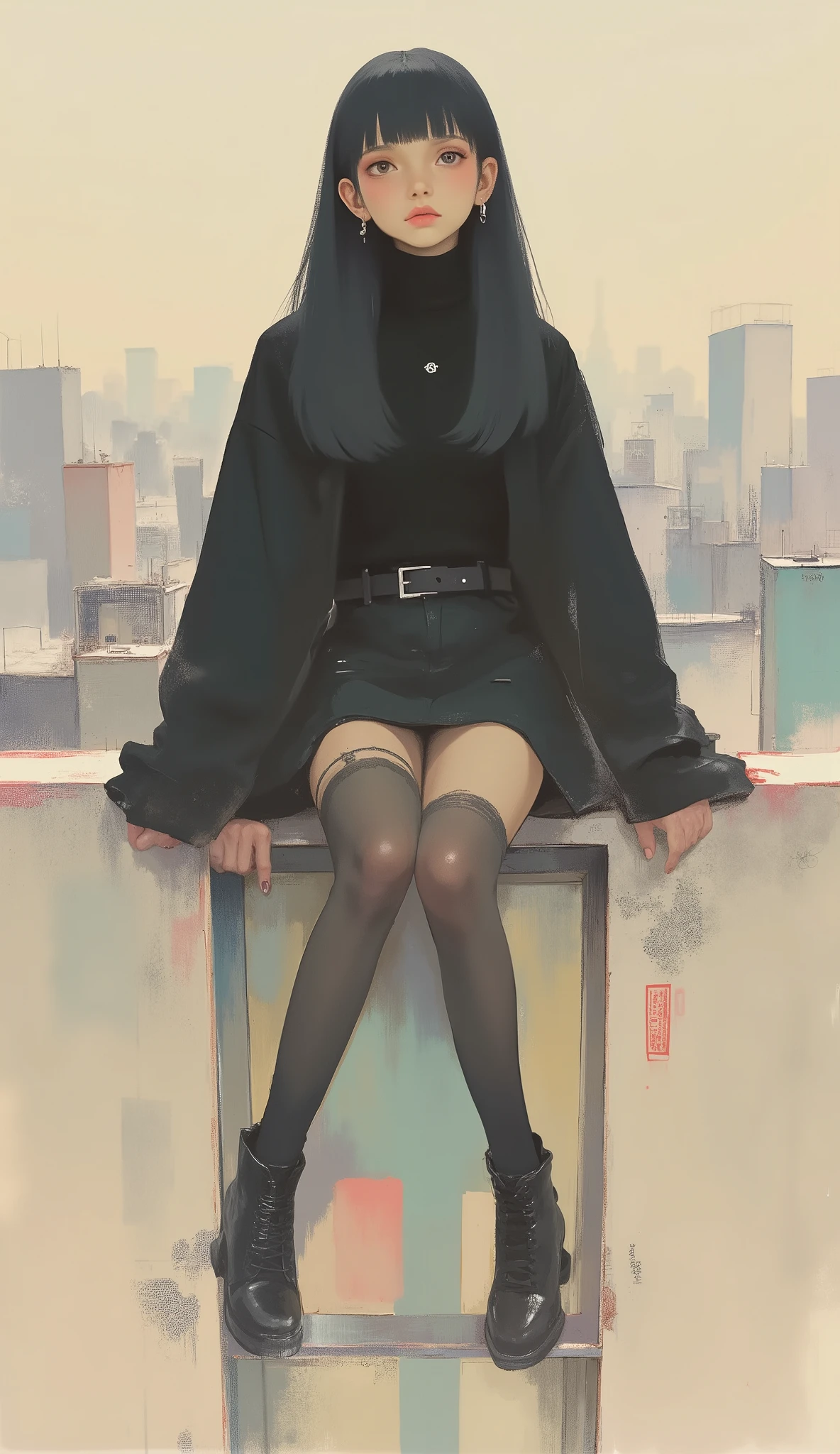 Woman sitting on a lift ,black riders jacket、miniskirt、black patent leather pin heels、Black Lace Carter Belt、Black Lace Braided Tights、Help Chest、Twin Tails、dark hair、poster art ,screen print poster, Graphic Novel Cover Art, graphic details ,Advertisement Art,Poster Illustration, Illustrated poster, By Jens Sondergaard ,Fashion Illustration on Watercolor Blank Background,promotional poster,comic book cover ,falls to the ground Emil Lindenfeld fashion illustration,Center Line,dynamicな構図、dynamic、