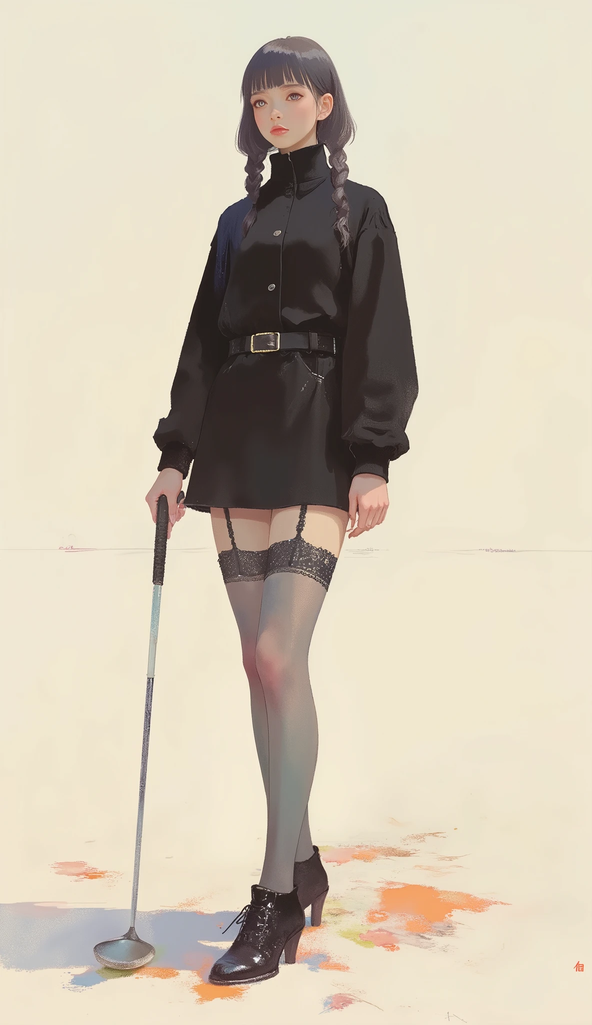 Woman playing golf ,black riders jacket、miniskirt、black patent leather pin heels、Black Lace Carter Belt、Black Lace Braided Tights、Help Chest、Twin Tails、dark hair、poster art ,screen print poster, Graphic Novel Cover Art, graphic details ,Advertisement Art,Poster Illustration, Illustrated poster, By Jens Sondergaard ,Fashion Illustration on Watercolor Blank Background,promotional poster,comic book cover ,falls to the ground Emil Lindenfeld fashion illustration,Center Line,dynamicな構図、dynamic、