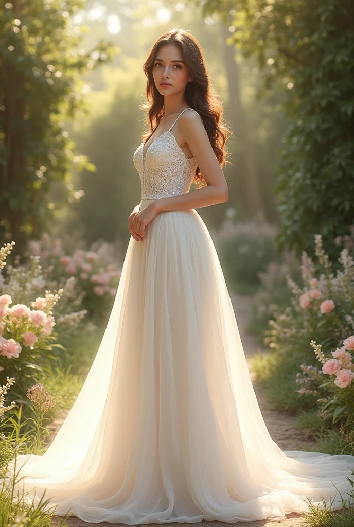 A breathtaking goddess-like girl wearing a luxurious, flowing white ball gown, standing in a sun-dappled forest clearing at dawn, her dress billows around her, with layers of ethereal fabric cascading down her body, perfectly highlighting her slender waist and full , the bodice is delicately embroidered with silver thread, accentuating her full, round elegantly, her long, graceful arms are free, and her neck is adorned with a sparkling pendant that catches the soft morning light filtering through the trees, she stands tall and regal, her deep blue eyes gazing softly into the distance, her hair flowing in loose waves down her back, the scene is bathed in a gentle, diffused light, creating a magical, serene atmosphere, Photography, shot with a Canon EOS R5, 85mm f/1.2 lens, natural light with the soft glow of early morning