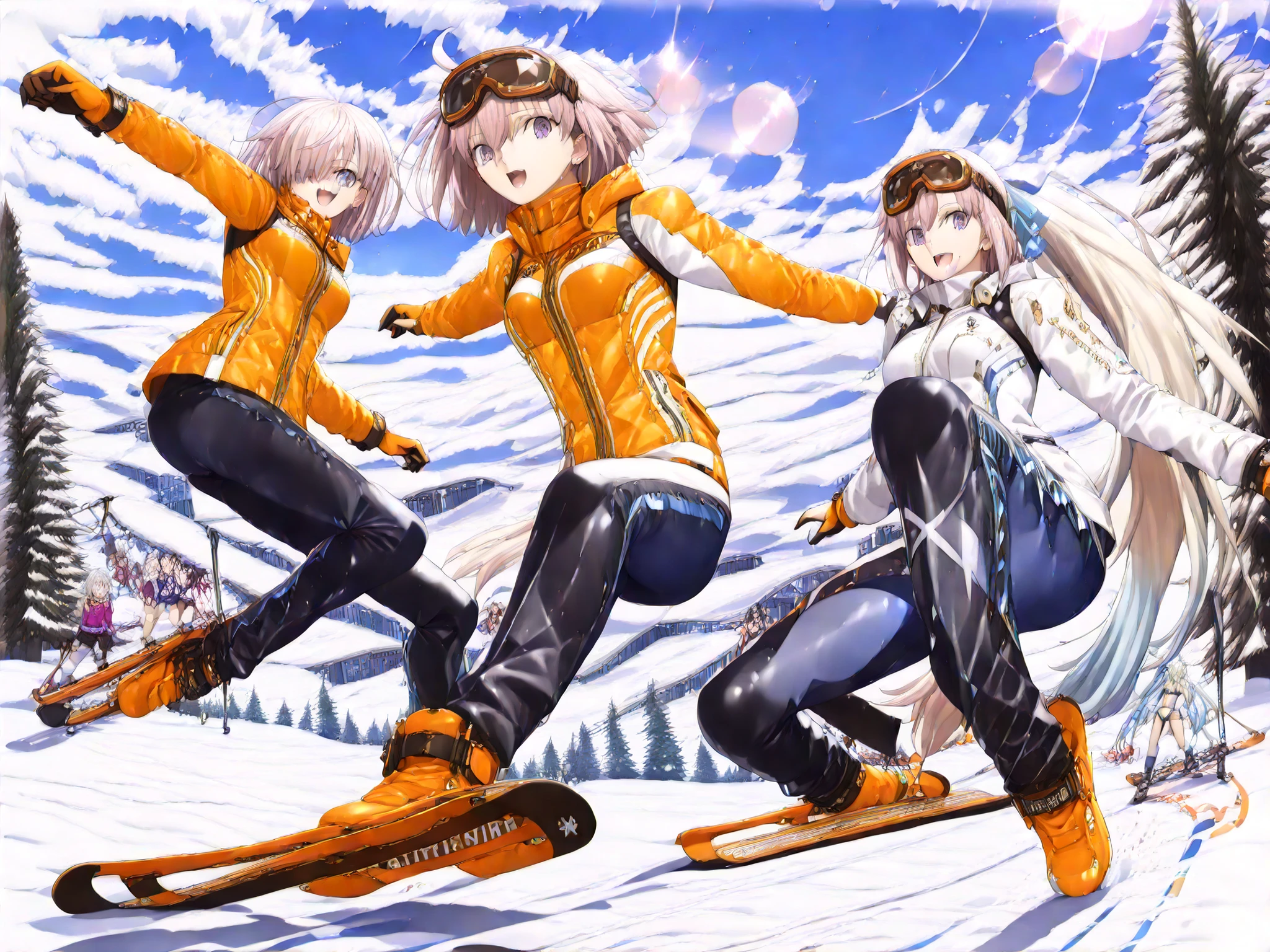 (masterpiece:1.1), (Highest Quality:1.0), (Super Detailed:1.0),
(Fate/Grand Order style:1.4), (Thickly painted anime style:1.2), takeuchi takashi, (anime style:1.25),
(4girls:1.5), (winter sports chaos:1.3), ((Fate Grand Order)), Ski Jumping Large Hill
((sunny luxury ski resort, Ski Jumping Large Hill)), (Ski Jumping),
((dynamic diagonal composition down the slope)),
(personA: fujimaru ritsuka (female), aaritsuka:1.5),
(personB: Mash Kyrielight:1.2),
(personC: Morgan le Fay (Fate):1.4),
(personD: Ishtar:1.4),
((all wearing stylish ski suits + goggles)), (Skis on feet),
((background pine trees and distant chairlift)),
((perfect winter blue sky with lens flare)),
((absolute comedy gold moment frozen in time)),
(only these exact four girls in razor-sharp focus:1.3)