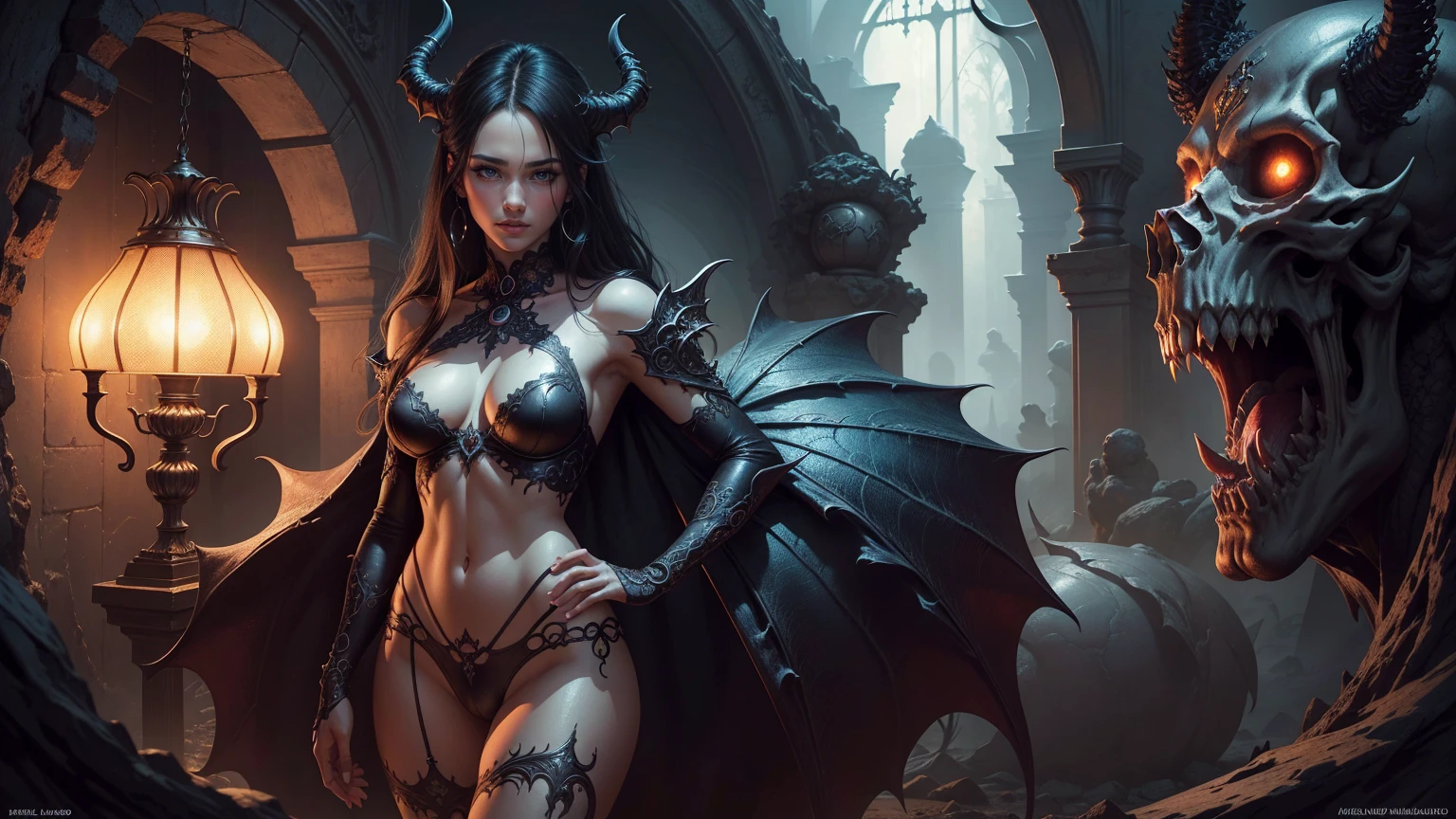 A beautiful and  enchantress, Fantasy background, Red skin,horn, Demon wings, captivatinggaze,  Succubus Tail, Sexy body, Break,Detailed,Realistic,4k highly detailed digital art,rendering by octane, Bio-luminescence, Break free from 8K resolution concept art, Realism,by Mappa Studios,Masterpiece,Best quality,offcial art,illustration,清晰的线条,(Cool_Color),Perfectcomposition,absurderes, fantasy,Focused,rule of third