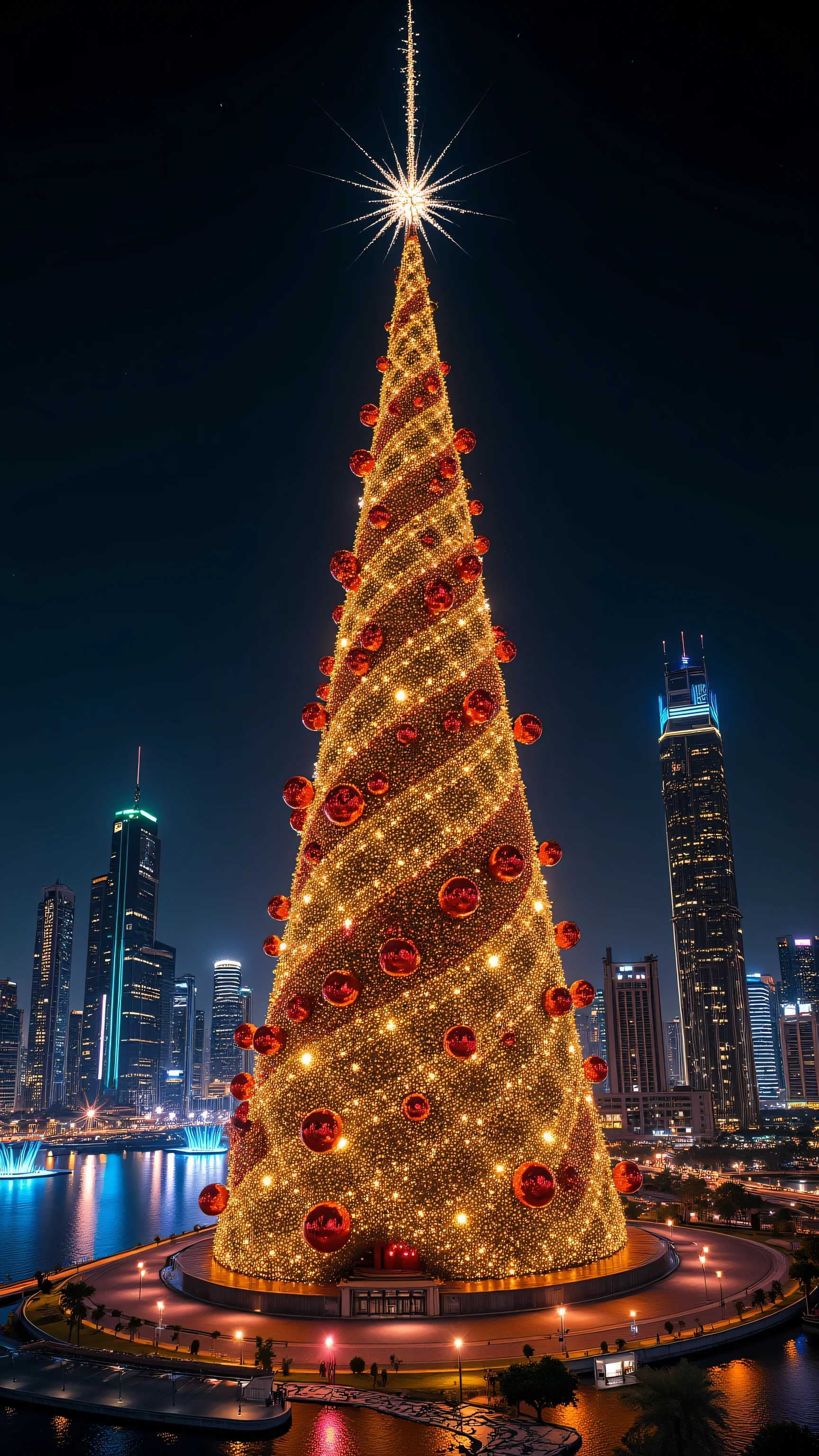 (Surreal masterpiece, photorealistic night photography:1.3), a colossal hyper-scale Christmas tree standing directly next to the Burj Khalifa in Dubai. The Christmas tree is significantly taller and bigger than the Burj Khalifa, towering over the skyscraper into the clouds. The tree is glowing with millions of golden and red LED lights, massive shiny baubles, and a giant radiant star on top. Futuristic Dubai Downtown skyline background, reflections in the Dubai Fountain lake. Cyberpunk neon city lights, cinematic lighting, magical atmosphere, sharp focus, 8k resolution, extreme detail.-Negative Prompt: low quality, blurry, tree smaller than building, tiny tree, drawing, painting, cartoon, bad architecture, distorted buildings, dark, grainy, text, watermark.
