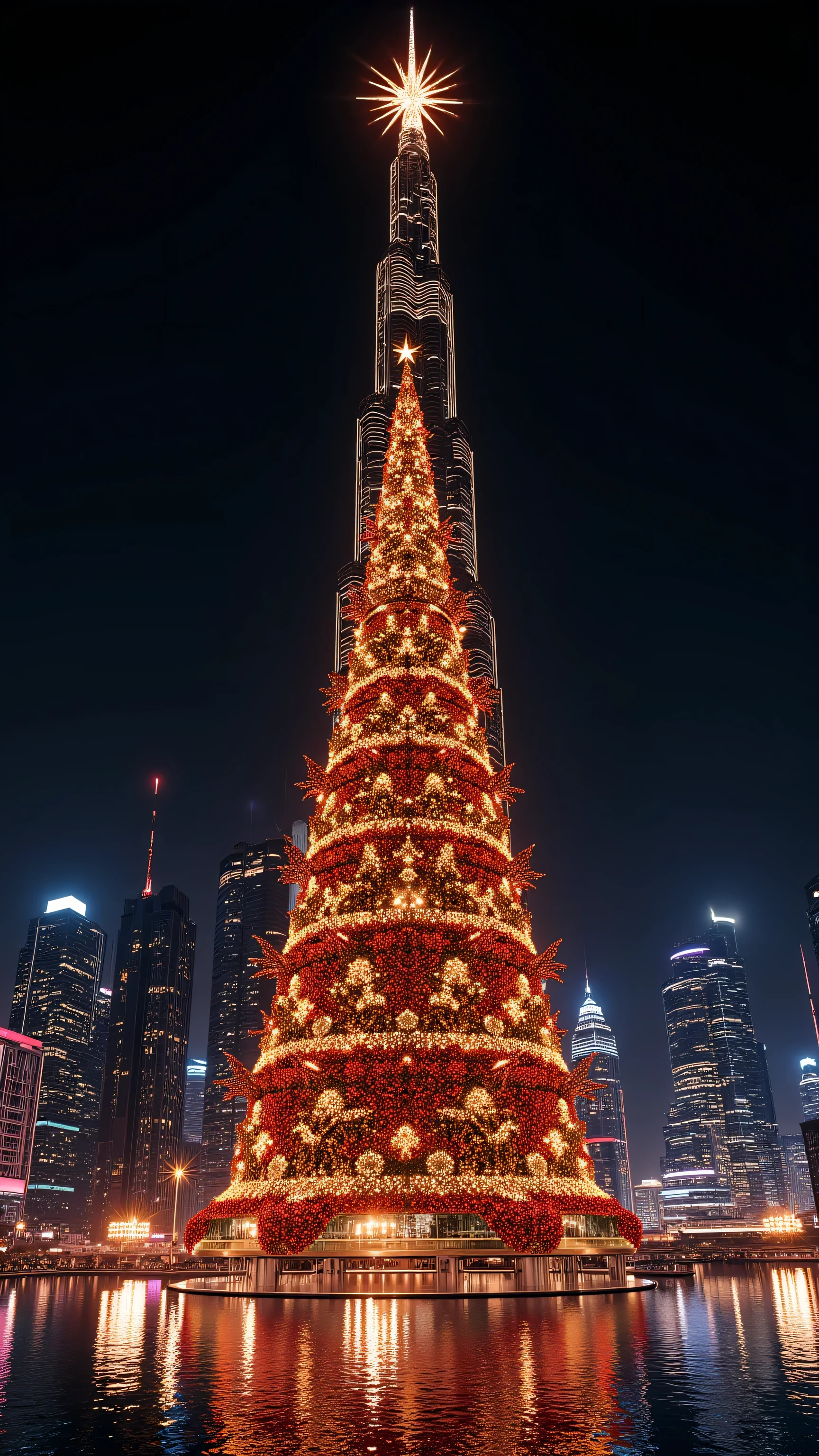 (Surreal masterpiece, photorealistic night photography:1.3), a colossal hyper-scale Christmas tree standing directly next to the Burj Khalifa in Dubai. The Christmas tree is significantly taller and bigger than the Burj Khalifa, towering over the skyscraper into the clouds. The tree is glowing with millions of golden and red LED lights, massive shiny baubles, and a giant radiant star on top. Futuristic Dubai Downtown skyline background, reflections in the Dubai Fountain lake. Cyberpunk neon city lights, cinematic lighting, magical atmosphere, sharp focus, 8k resolution, extreme detail.-Negative Prompt: low quality, blurry, tree smaller than building, tiny tree, drawing, painting, cartoon, bad architecture, distorted buildings, dark, grainy, text, watermark.