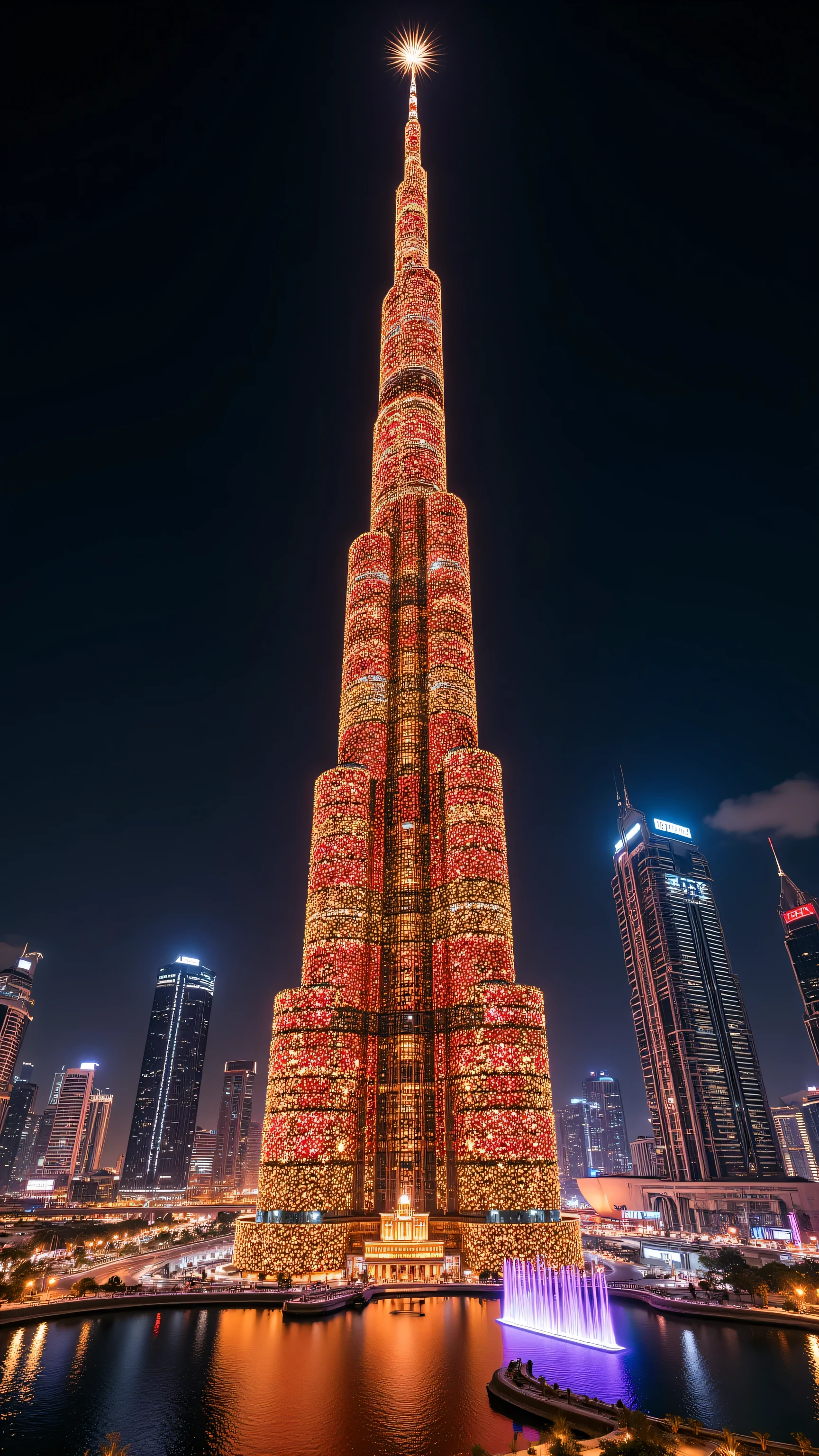 (Surreal masterpiece, photorealistic night photography:1.3), a colossal hyper-scale Christmas tree standing directly next to the Burj Khalifa in Dubai. The Christmas tree is significantly taller and bigger than the Burj Khalifa, towering over the skyscraper into the clouds. The tree is glowing with millions of golden and red LED lights, massive shiny baubles, and a giant radiant star on top. Futuristic Dubai Downtown skyline background, reflections in the Dubai Fountain lake. Cyberpunk neon city lights, cinematic lighting, magical atmosphere, sharp focus, 8k resolution, extreme detail.-Negative Prompt: low quality, blurry, tree smaller than building, tiny tree, drawing, painting, cartoon, bad architecture, distorted buildings, dark, grainy, text, watermark.