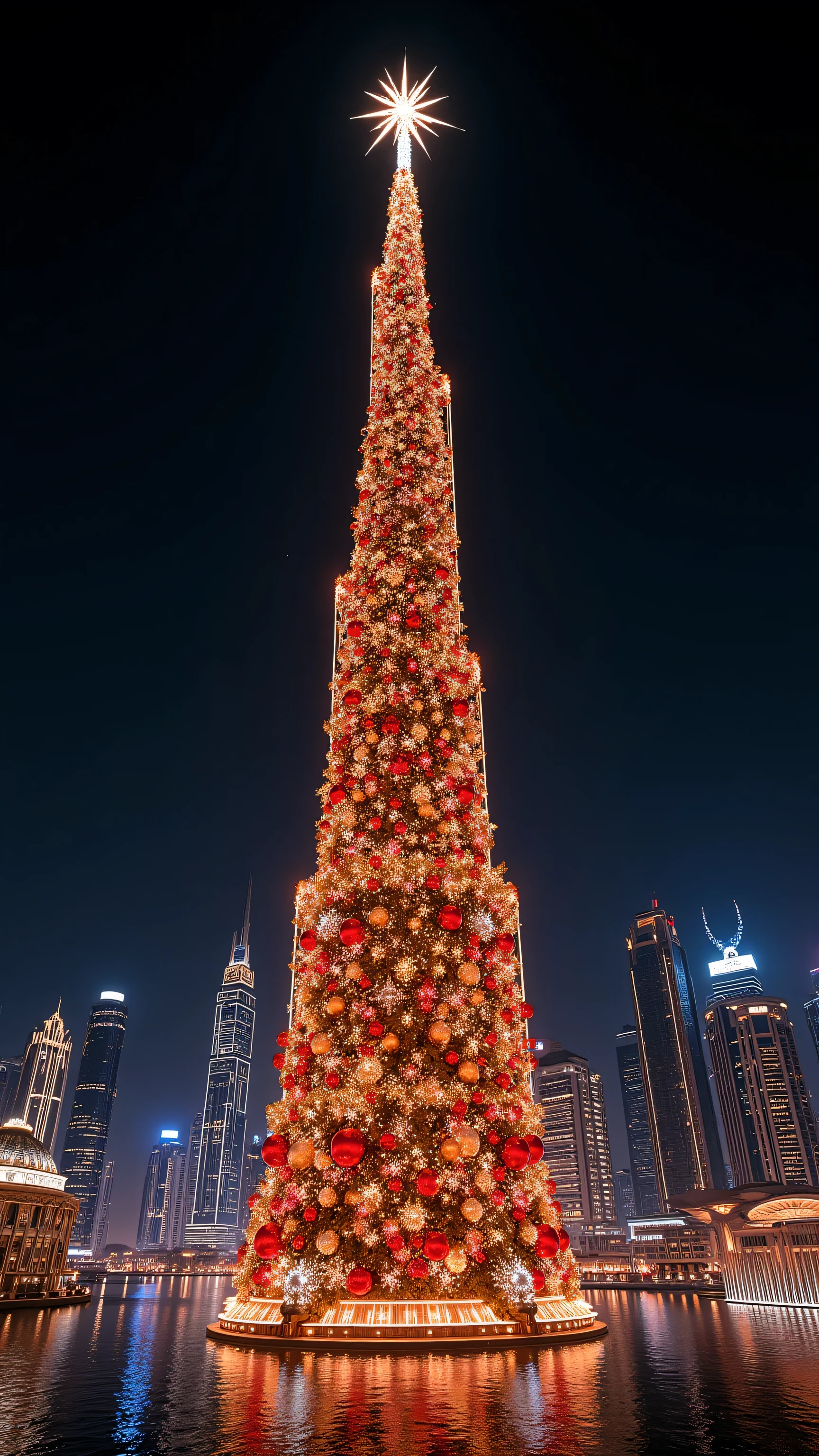 (Surreal masterpiece, photorealistic night photography:1.3), a colossal hyper-scale Christmas tree standing directly next to the Burj Khalifa in Dubai. The Christmas tree is significantly taller and bigger than the Burj Khalifa, towering over the skyscraper into the clouds. The tree is glowing with millions of golden and red LED lights, massive shiny baubles, and a giant radiant star on top. Futuristic Dubai Downtown skyline background, reflections in the Dubai Fountain lake. Cyberpunk neon city lights, cinematic lighting, magical atmosphere, sharp focus, 8k resolution, extreme detail.-Negative Prompt: low quality, blurry, tree smaller than building, tiny tree, drawing, painting, cartoon, bad architecture, distorted buildings, dark, grainy, text, watermark, View from the ground looking up, a giant Christmas tree in the foreground that looks 2x taller than the Burj Khalifa in the background