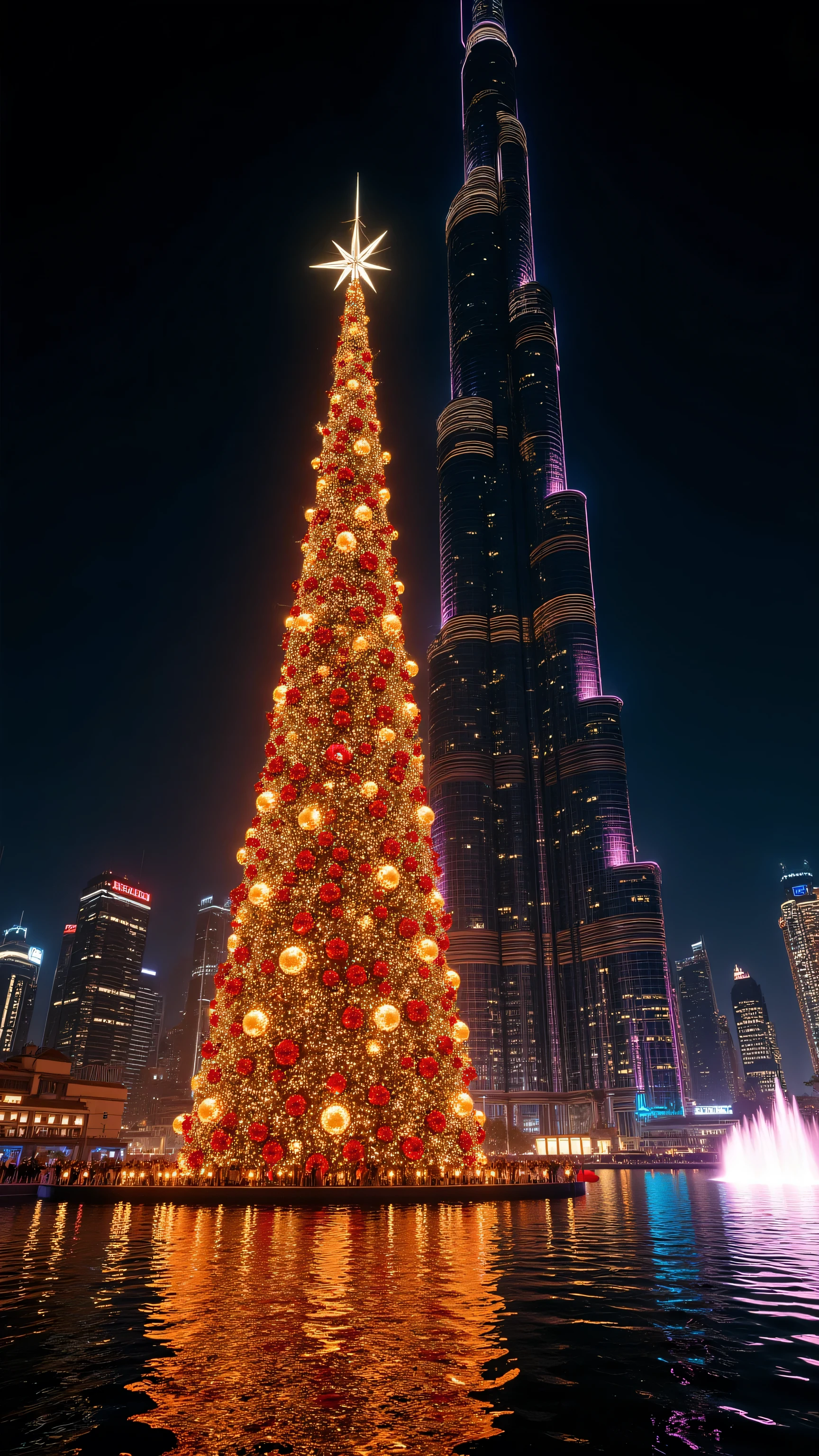 (Surreal masterpiece, photorealistic night photography:1.3), a colossal hyper-scale Christmas tree standing directly next to the Burj Khalifa in Dubai. The Christmas tree is significantly taller and bigger than the Burj Khalifa, towering over the skyscraper into the clouds. The tree is glowing with millions of golden and red LED lights, massive shiny baubles, and a giant radiant star on top. Futuristic Dubai Downtown skyline background, reflections in the Dubai Fountain lake. Cyberpunk neon city lights, cinematic lighting, magical atmosphere, sharp focus, 8k resolution, extreme detail.-Negative Prompt: low quality, blurry, tree smaller than building, tiny tree, drawing, painting, cartoon, bad architecture, distorted buildings, dark, grainy, text, watermark, View from the ground looking up, a giant Christmas tree in the foreground that looks 2x taller than the Burj Khalifa in the background
