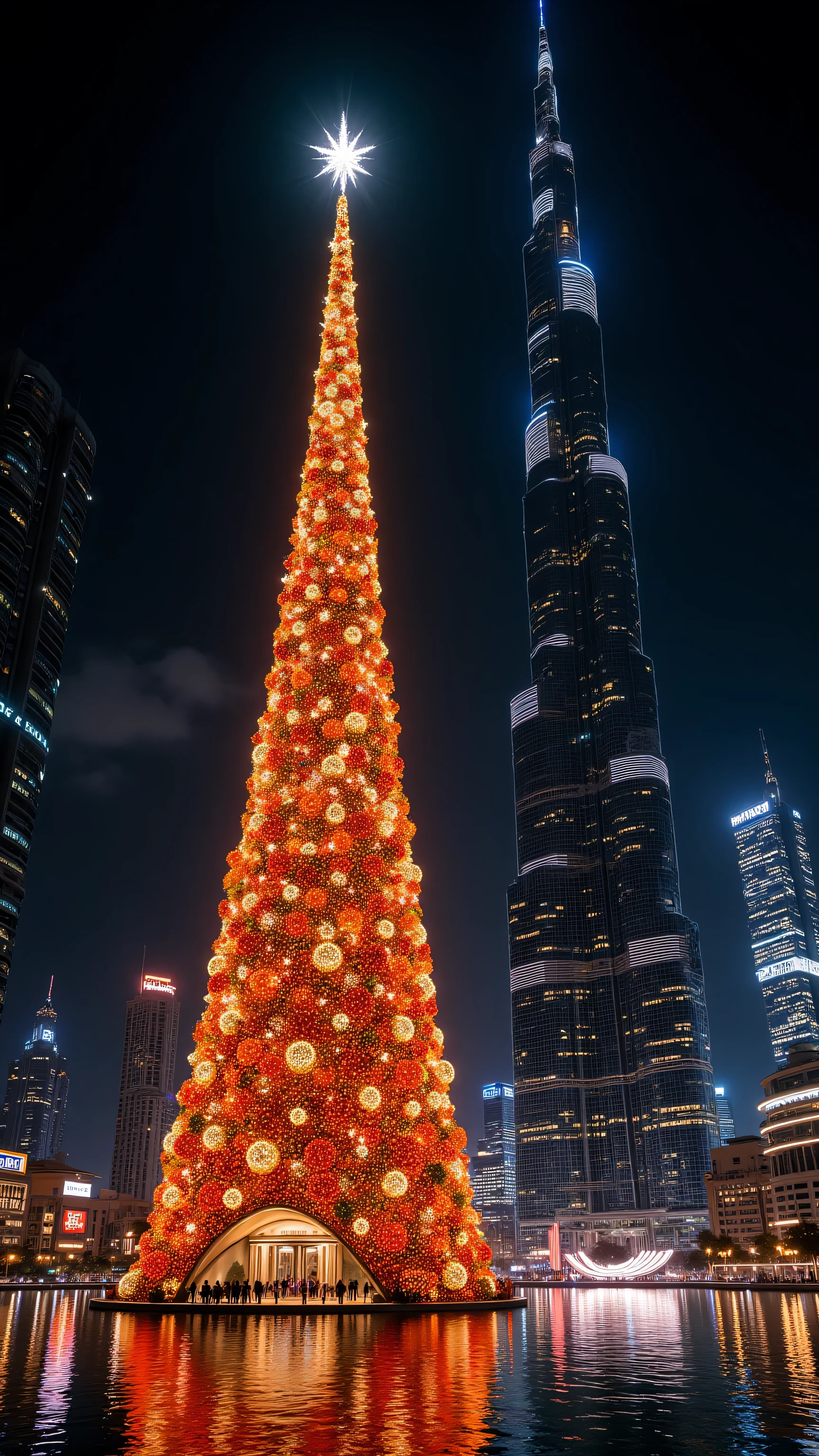(Surreal masterpiece, photorealistic night photography:1.3), a colossal hyper-scale Christmas tree standing directly next to the Burj Khalifa in Dubai. The Christmas tree is significantly taller and bigger than the Burj Khalifa, towering over the skyscraper into the clouds. The tree is glowing with millions of golden and red LED lights, massive shiny baubles, and a giant radiant star on top. Futuristic Dubai Downtown skyline background, reflections in the Dubai Fountain lake. Cyberpunk neon city lights, cinematic lighting, magical atmosphere, sharp focus, 8k resolution, extreme detail.-Negative Prompt: low quality, blurry, tree smaller than building, tiny tree, drawing, painting, cartoon, bad architecture, distorted buildings, dark, grainy, text, watermark, View from the ground looking up, a giant Christmas tree in the foreground that looks 2x taller than the Burj Khalifa in the background