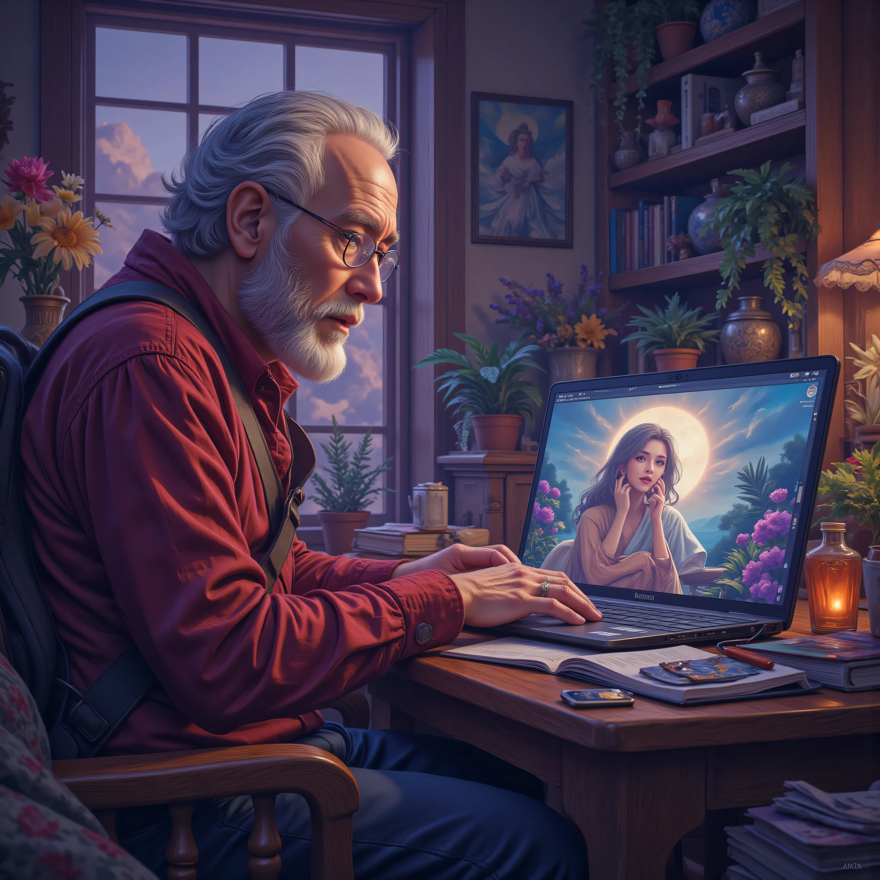 aidmamjv7,Colorful,realistic cartoon, a grandfather talking to his granddaughter on his laptop, an elder man wearing home cloths, talking to a young woman on his laptop, you see the woman on the computer screen, high details, best quality, 8k, [ultra detailed], masterpiece, best quality, (extremely detailed), dynamic angle, ultra wide shot, photorealistic, fantasy art, dnd art, rpg art, realistic art, an ultra wide  ((divine worship atmosphere)), high details, best quality, highres, ultra wide angle