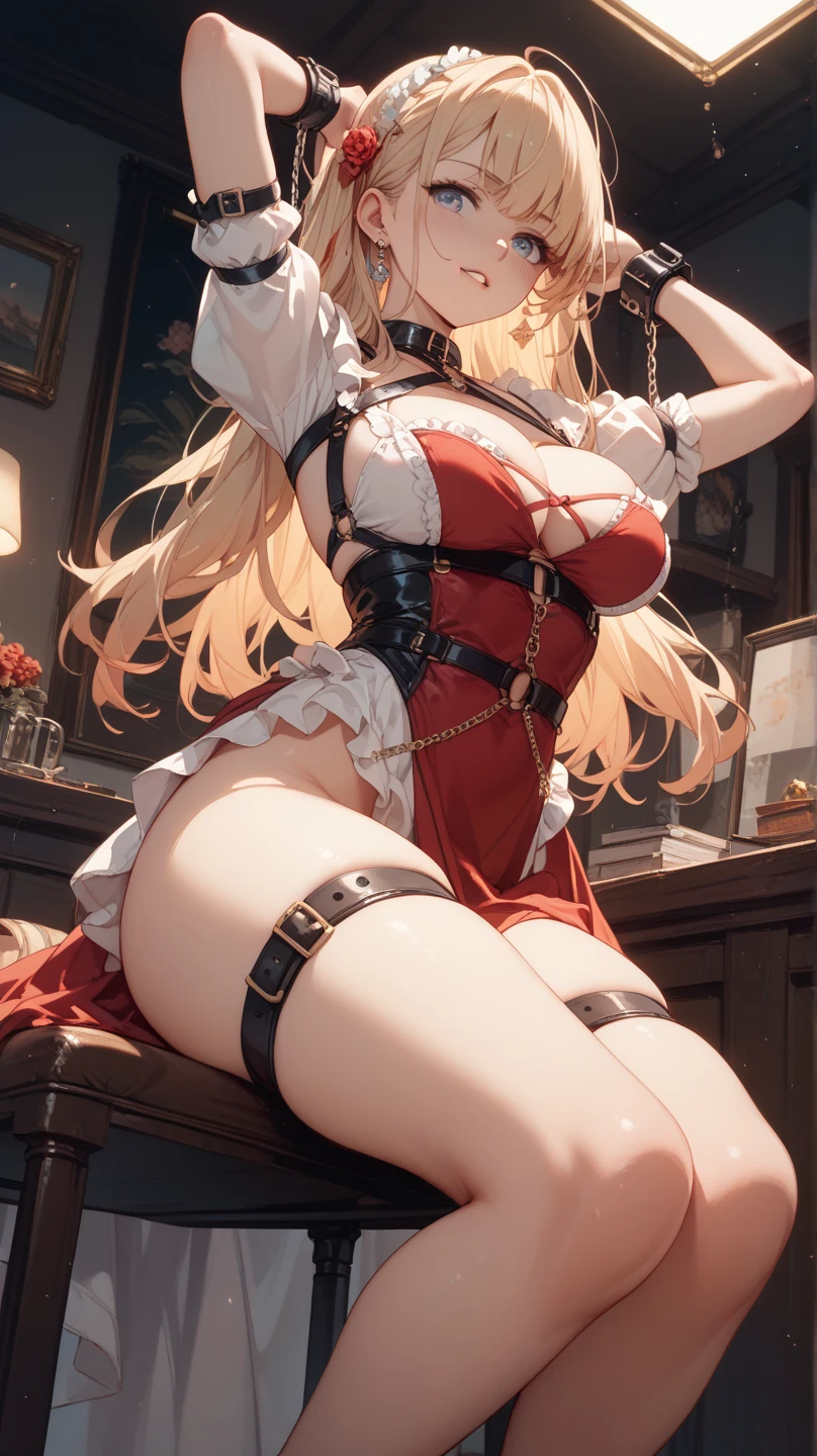Adult Woman,  Witch Cosplay, Long dark blonde wavy hair、off-shoulder knit, (Black Mini Pencil Skirt), Big hat、Medium milk, Blushing, Shy laughter,  shoulders、(Pose to lean forward and emphasize the chest)、(turned around)、sexy hips、sexy black and red bra、((black and red lace panties))、Red high heels、Luxurious magic wand and book、Church of the castle、sexy  pose、Emphasize ass、((buttocks visible))、((embarassed expression))