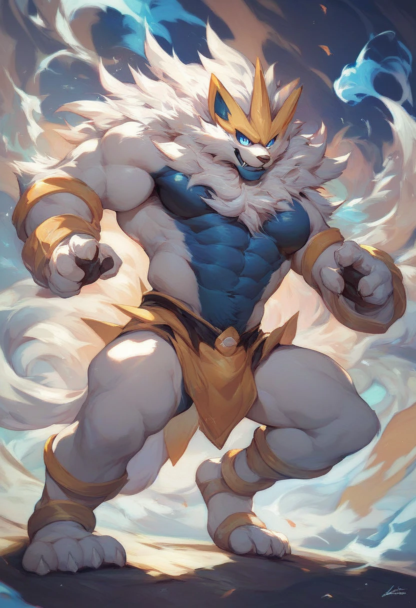 Solo, Anthro, male (((solgaleo, lion, blue sclera, muscular, big pecs, abs, yellow nipples, white fur, black body, black nose, multicolored body, multicolored fur, multicolored mane, white mane, mane, grey pecs, black chest, black abdomen, white arms, white legs, 5 fingers, tail, white tail, yellow tipped tail, markings, orange tipped mane, orange speedo, big bulge))) standing, pokemorph, biped ((focus grey abdomen, focus solgaleo, focus grey chest)) full body, perfect anatomy, by darkgem, by mystikfox61, by glitter trap boy