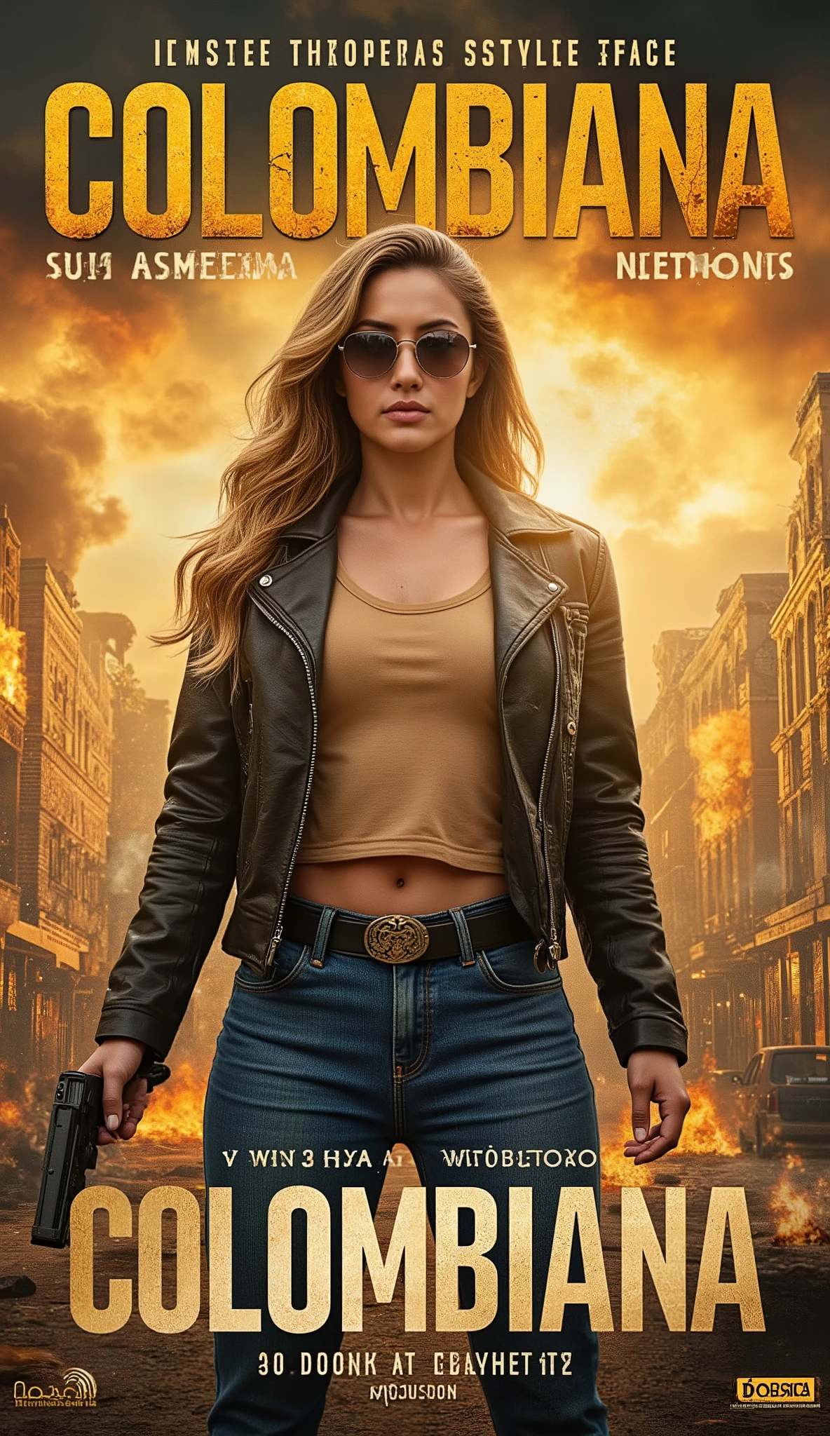 VintagePoster,Create a dynamic movie poster for Colombiana 2 featuring Zoe Saldana, showcasing intense action and drama. In the foreground, a determined Zoe Saldana holds a handgun, wearing sunglasses, a black leather jacket, worn tan t-shirt, and blue denim pants. Background: explosion, cityscape with burning buildings, warm orange and yellow hues. Prominent white and yellow text: title, lead actress, release date. Include Colombiana franchise logo and director's name.