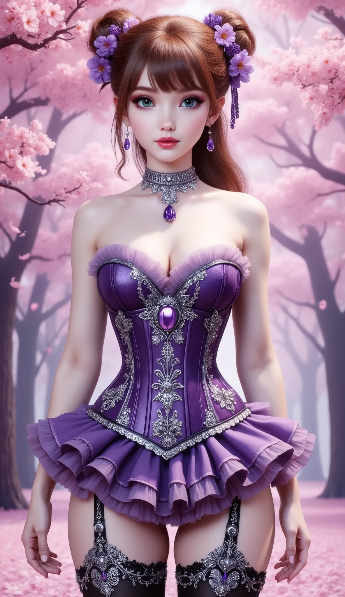 A young woman with fair skin and long, wavy auburn hair stands in a vibrant cherry blossom forest. Her hair is styled in two buns adorned with purple floral clips, and she wears an elaborate purple V-Cut strapless corset with intricate silver embellishments, highlighting her ample bust. A matching ruffled, sparkling mini-skirt and black thigh-high stockings with ornate purple-jeweled garters complete her ensemble. She accessorizes with a delicate silver necklace featuring a large purple pendant, matching earrings, and a choker. Her face is framed by soft makeup, emphasizing her large, expressive green eyes and full pink lips. The background is a dreamy wash of pink and purple, with cherry blossoms blooming on trees and scattered on the light pink ground, creating a magical, ethereal atmosphere.