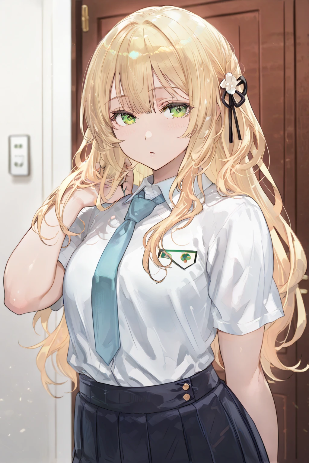 blonde hair, long hair, green eyes, happy, school uniform, short skirt, medium , , classroom, slim legs, navel, , sitting