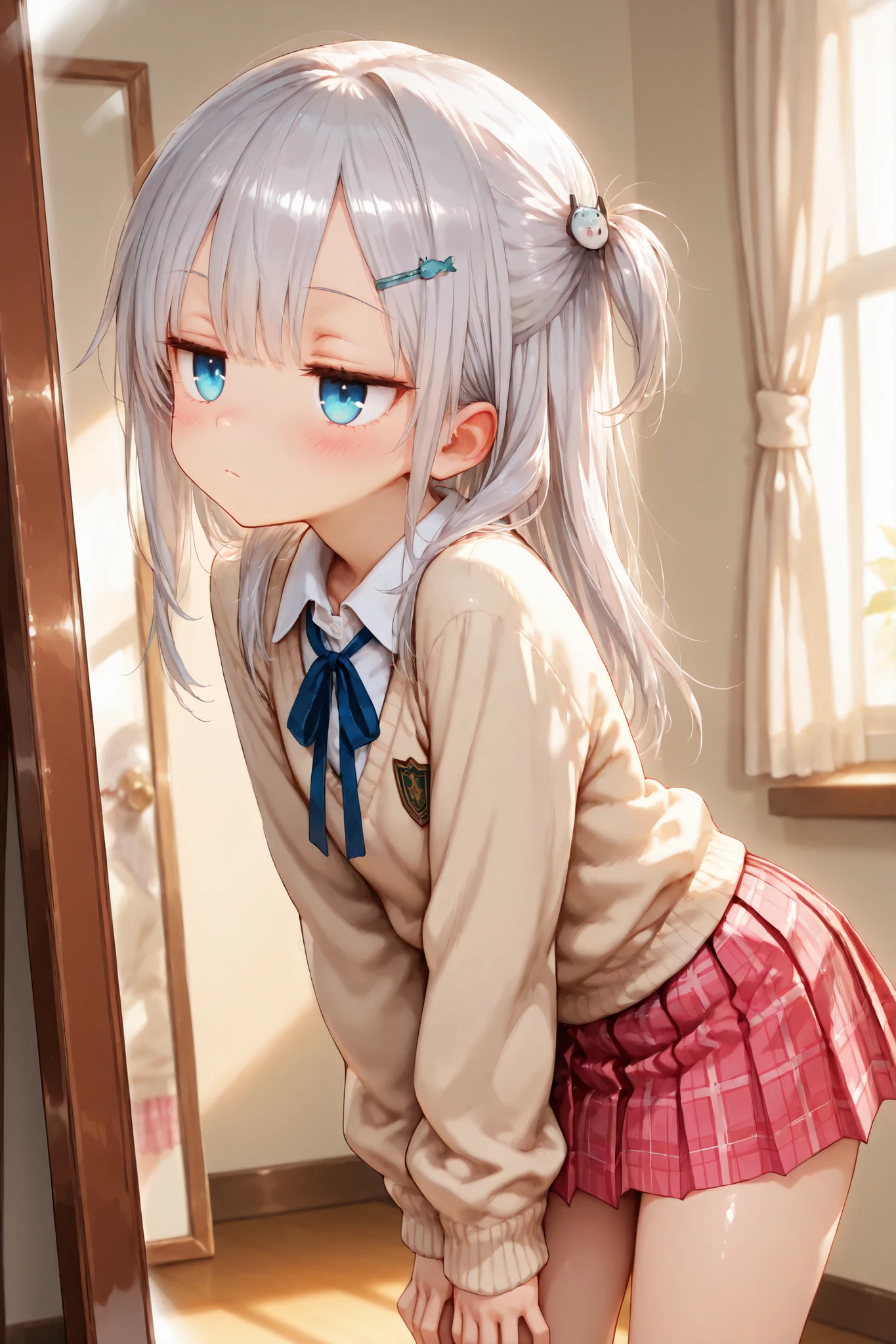 Shiny skin, Babe, character.
masterpiece, best quality, ultra detailed, high resolution, 8k, caustics, super detailed skin perfect anatomy, dynamic lighting, elaborate eye depiction, beautiful detailed eyes, a cute anime girl.
# body
young schoolgirl, petite build, small chest, short height, delicate proportions, standing with good posture, leaning forward.
# hair
(silver hair:1.4), long loose hair, BREAK short side tail hairstyle, slightly stiff texture, fish-shaped hairpin, soft indoor air movement.
# eyes
deep ocean-blue eyes, sharp large eyes, clear vivid eyes.
# expression
jitome, soft blush, calm gaze, soft serious expression.
# outfit
beige knit sweater, (pink plaid pleated skirt:1.2), navy short socks.
# composition
indoor room, mirror in front of her, over-the-shoulder view, only her reflection visible in the mirror, focus on her face reflected in the mirror, soft indoor lighting, quiet atmosphere.
# outline
fine line art, delicate line drawing, thin outlines, clean outlines, minimal noise.