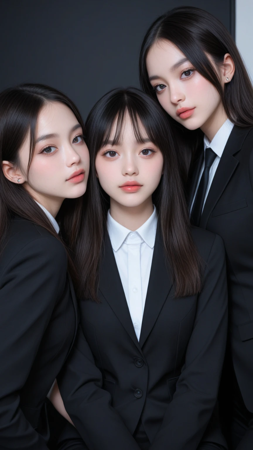 medium hair,Four girls in school uniforms pose for a photo in front of a mirror,jitome,,Black clothes,flat ,Angry expression,,Look at the audience,avatar,portrait,Smirk,cruel korean goth girl, korean girl, Black long flowing hair,The feeling of the wind blowing,avatar,portrait,Gray light,Bangs covering eyes,Flowing hair,