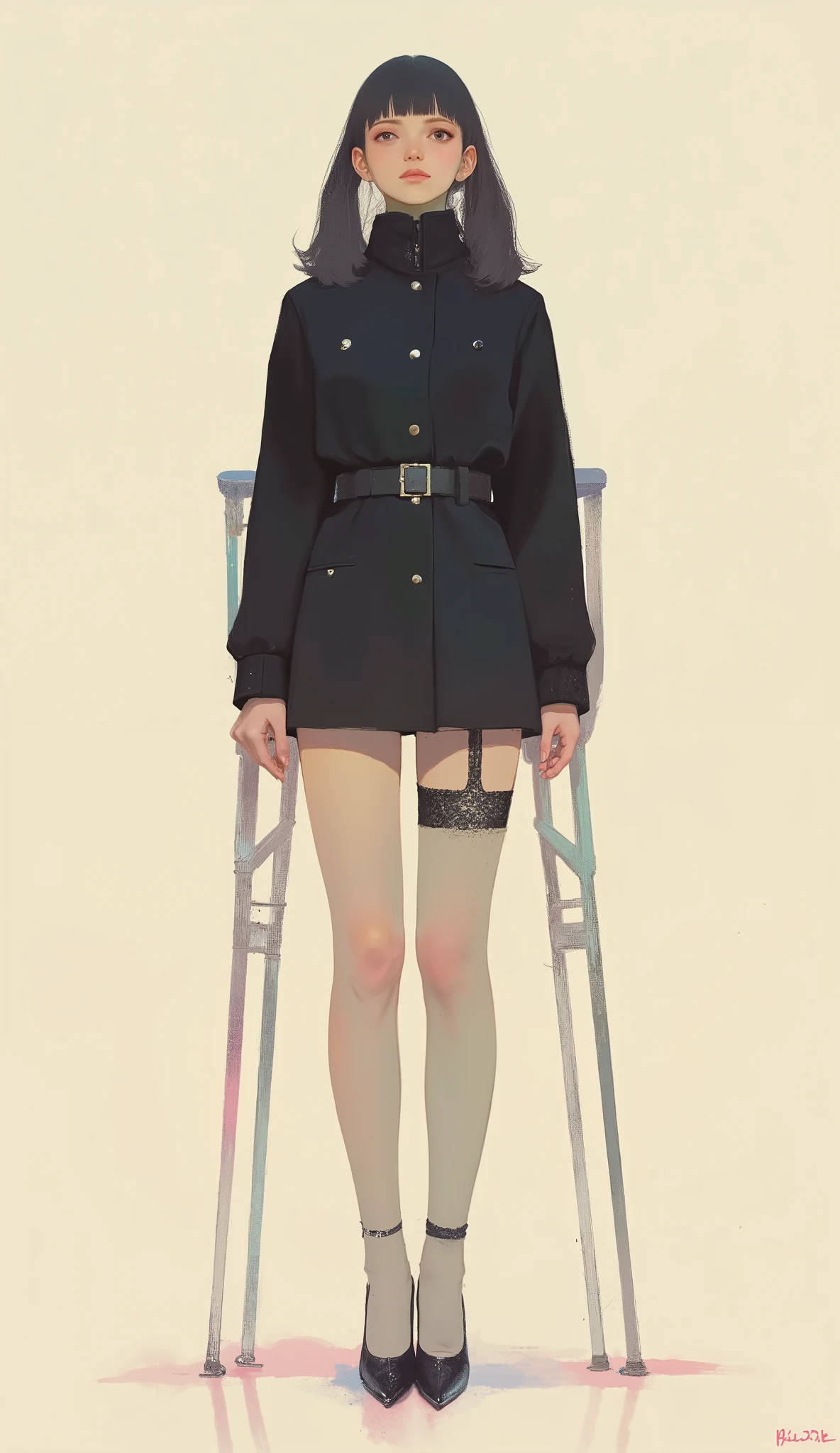 Woman who broke her leg using crutches ,black riders jacket、miniskirt、black patent leather pin heels、Black Lace Carter Belt、Black Lace Braided Tights、Help Chest、Twin Tails、dark hair、poster art ,screen print poster, Graphic Novel Cover Art, graphic details ,Advertisement Art,Poster Illustration, Illustrated poster, By Jens Sondergaard ,Fashion Illustration on Watercolor Blank Background,promotional poster,comic book cover ,Fashion Illustration by Emil Lindenfeld Falling to the Ground,Center Line,dynamicな構図、dynamic、