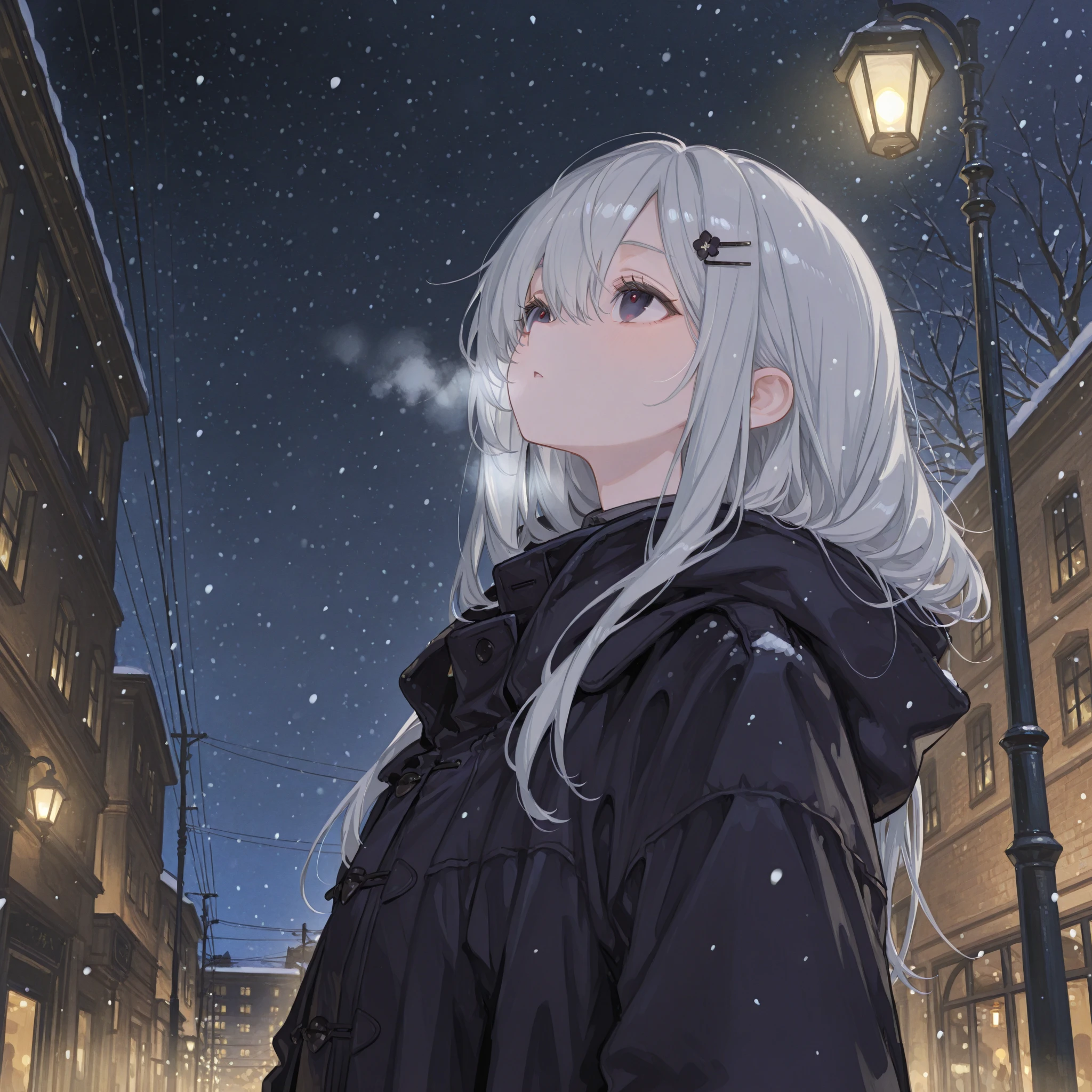 ((masterpiece:1.4, best quality:1.2)), 1girl, solo focus, beautiful skin, blush, black sweatshirt, long white hair, grey eyes, sitting, earrings, Hands on face, piercing, coffee shop window, night, snowing, cityscape, tall female, beautiful and delicate female, comfy ambience, {correct posing}, {detailed background}, I'm not wearing , hair over one eye, shy, Not wearing , sexy
