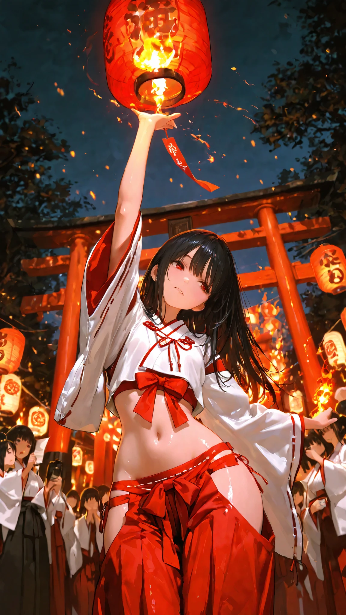 top quality, Picture, in fine detail, young shrine maiden, Authentic shrine maiden costume, long black hair, traditional white and red costume, stretching arms toward the camera, making direct eye contact, Night Fire Festival, Dancing Fire Illuminating Your Face from Below, The sacred torii gate is visible, soft focus festival crowd, lantern in the other hand, Immersive First-Person Perspective, Japanese cultural celebration,wide hips,Hakama, Face focus, tilt your neck, shiny skin, belly button