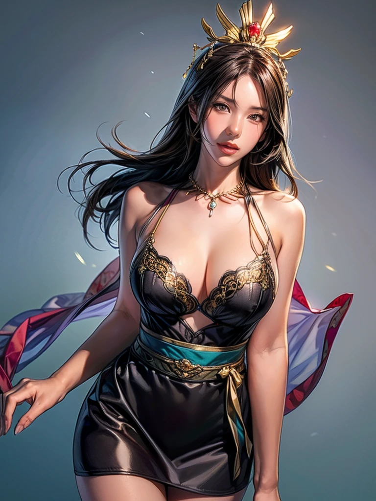 (masterpiece, top quality, best quality, official art, beautiful and aesthetic:1.2), (1girl), extreme detailed,(fractal art:1.3),colorful,highest detailed. Stunning Beauty Voluptuous Javanese Wife. Smile. Wedding ring. Wearing only batik fabrics, very short batik skirt with slits, and wooden sandals. Beautiful belly, beautiful waist, beautiful thighs, and beautiful legs. Full body photo, head to toes, wide angle. Background in public street. HD image, very detailed ???????, very detailed background. A MASTERPIECE.