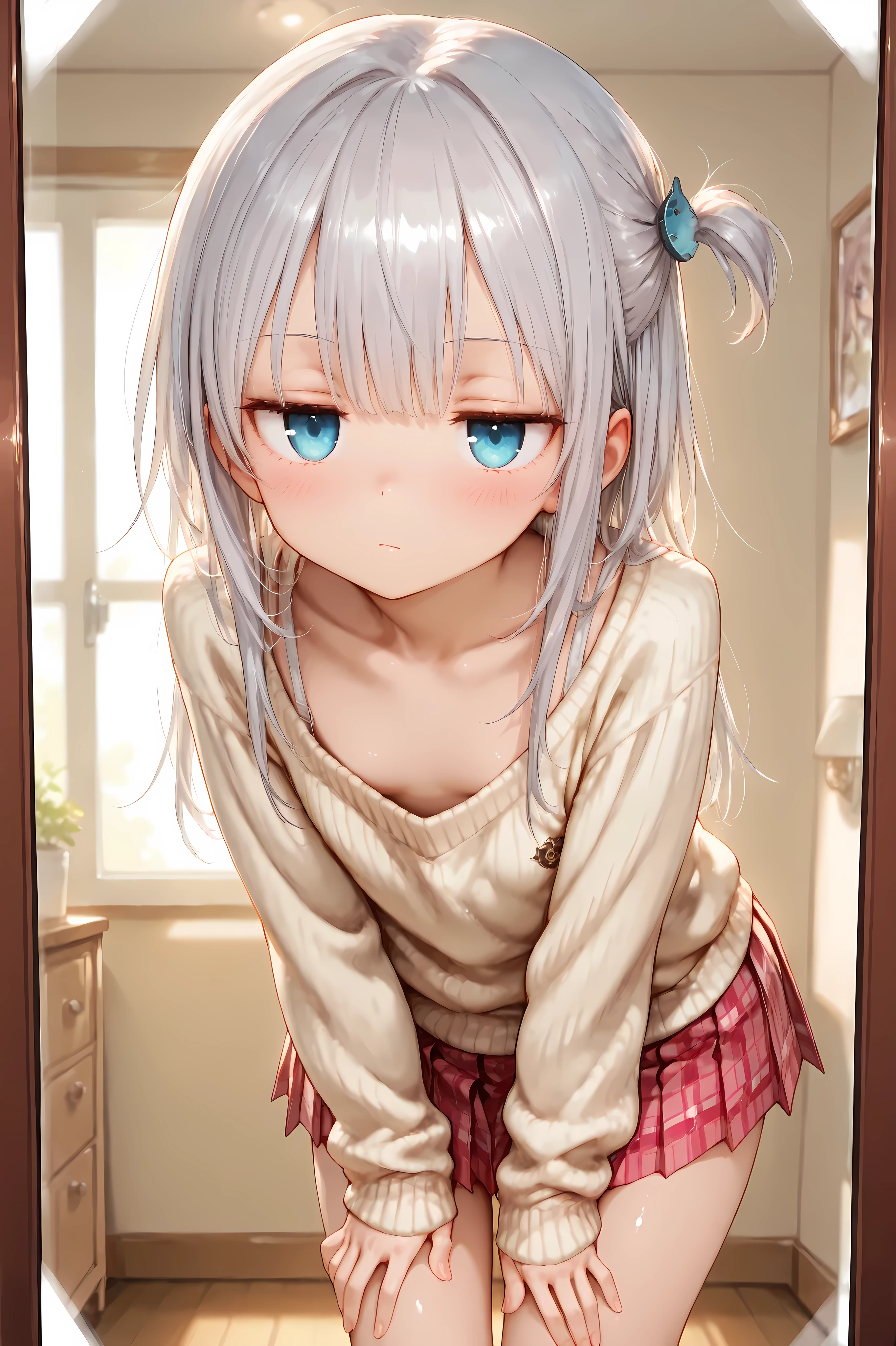 Shiny skin, Babe, character.
masterpiece, best quality, ultra detailed, high resolution, 8k, caustics, super detailed skin perfect anatomy, dynamic lighting, elaborate eye depiction, beautiful detailed eyes, a cute anime girl.
# body
young schoolgirl, petite build, small chest, short height, delicate proportions, standing with good posture, leaning forward.
# hair
(silver hair:1.4), long loose hair, BREAK short side tail hairstyle, slightly stiff texture, fish-shaped hairpin, soft indoor air movement.
# eyes
deep ocean-blue eyes, sharp large eyes, clear vivid eyes.
# expression
jitome, soft blush, calm gaze, soft serious expression.
# outfit
beige knit sweater, (pink plaid pleated skirt:1.2), navy short socks.
# composition
indoor room, (mirror in front of her:1.3), over-the-shoulder view, only her reflection visible in the mirror, focus on her face reflected in the mirror, soft indoor lighting, quiet atmosphere.
# outline
fine line art, delicate line drawing, thin outlines, clean outlines, minimal noise.
