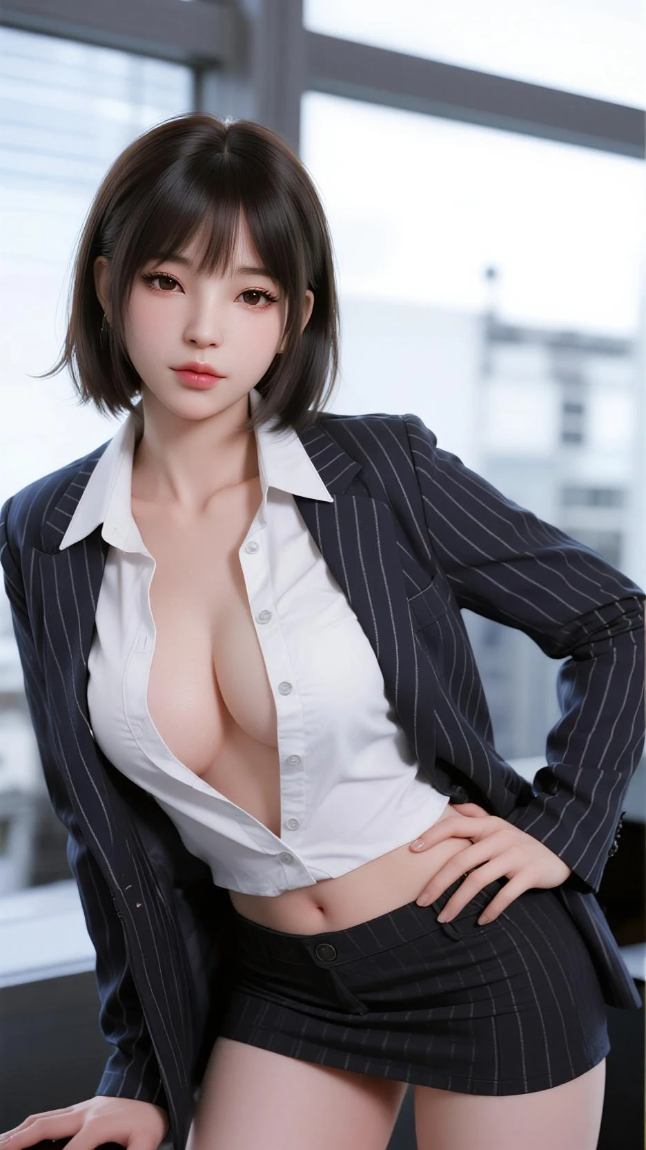((highest quality, 8K, masterpiece :1.3)), sharp focus :1.2, beautiful woman with perfect figure :1.4, thin abs :1.2, ((layered haircut,  :1.2)), (Blazer over a very thin white button-up shirt :1.1), city street:1.2, Highly detailed face and skin texture, fine eyes, double eyelid、whole body、short hair、A cute 13-year-old woman of half Thai and Japanese descent....、tanned skin
