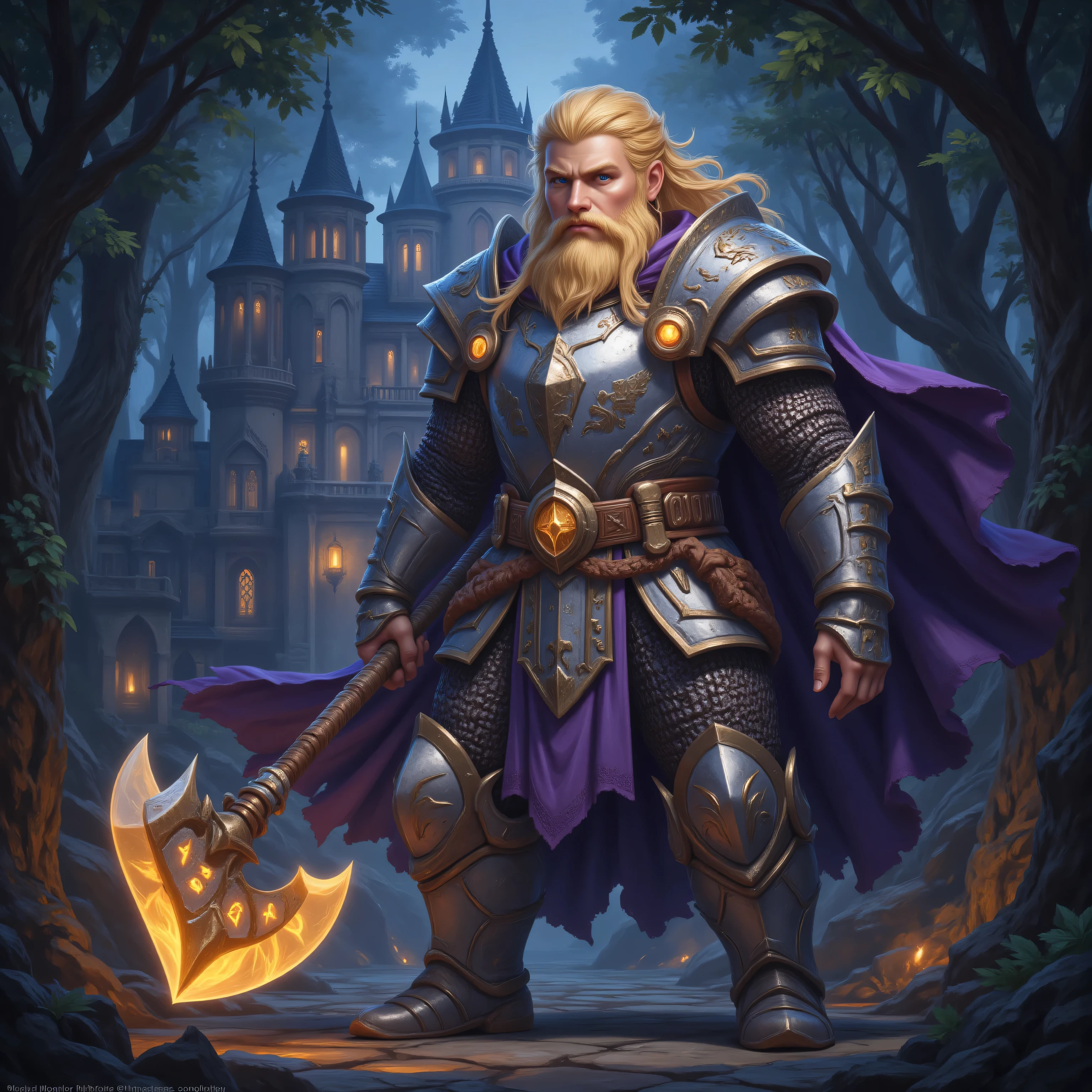 aidmamjv7,realistic cartoon,a picture of dwarf paladin of the crown protecting the palace, 1male dwarf, holy knight, protector of the crown, full body  blond hair, long hair, blond beard, full body , ultra detailed face , muscular,  braided hair, blue eyes, intense eyes, wearying heavy armor,  white armor, purple cloak, flowing cloak, armed with an axe , glowing axe, glowing runes on axe,   fantasy palace background, D&D art, RPG art, magical atmosphere magic-fantasy-forest, ultra best realistic, best details, best quality, 16k, [ultra detailed], masterpiece, best quality, (extremely detailed), ultra wide shot, photorealism, depth of field, hyper realistic painting,